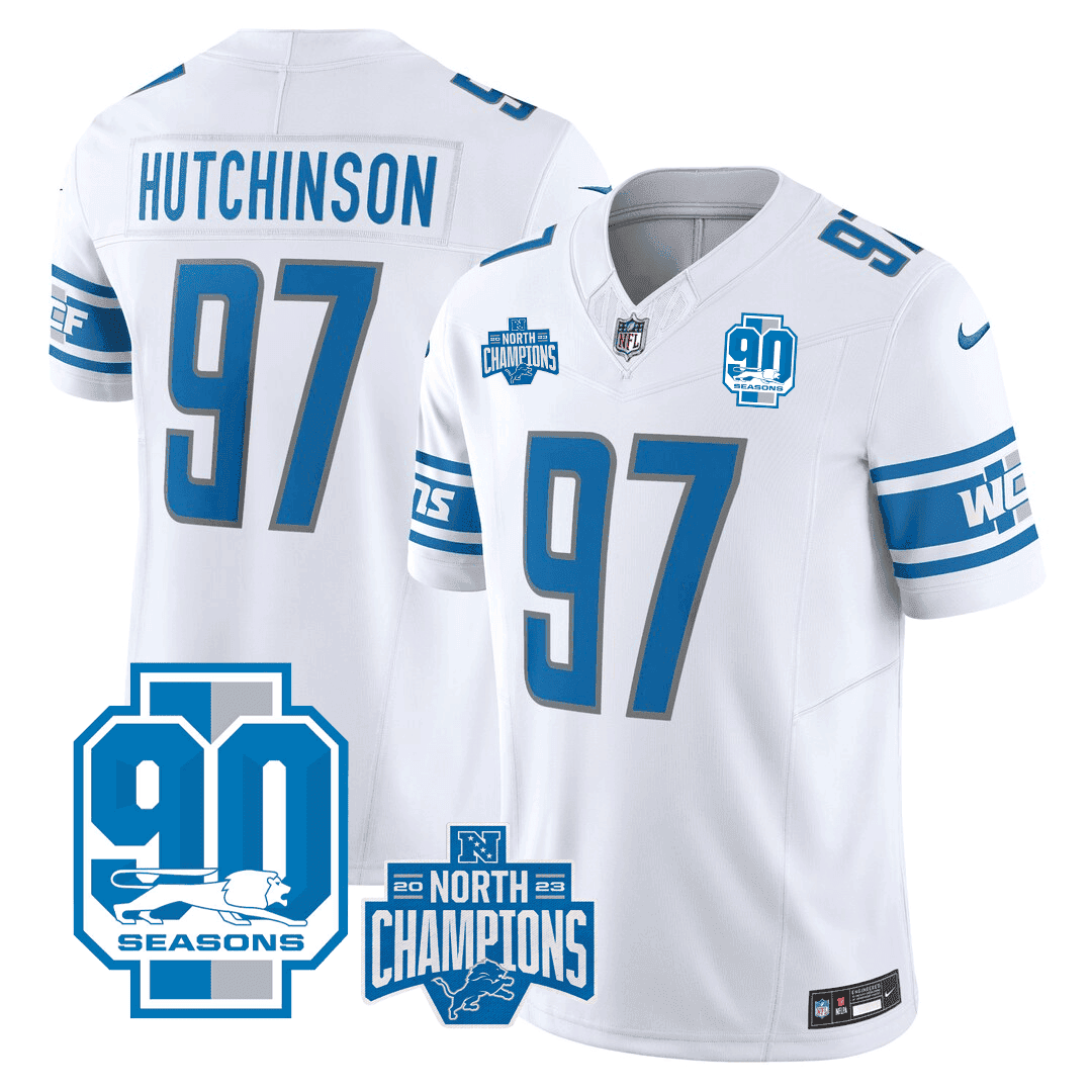 Hutchinson Men's Detroit Lions 2023 NFC North Division Champions & 90th Year Patch Vapor White Jersey - All Stitched 