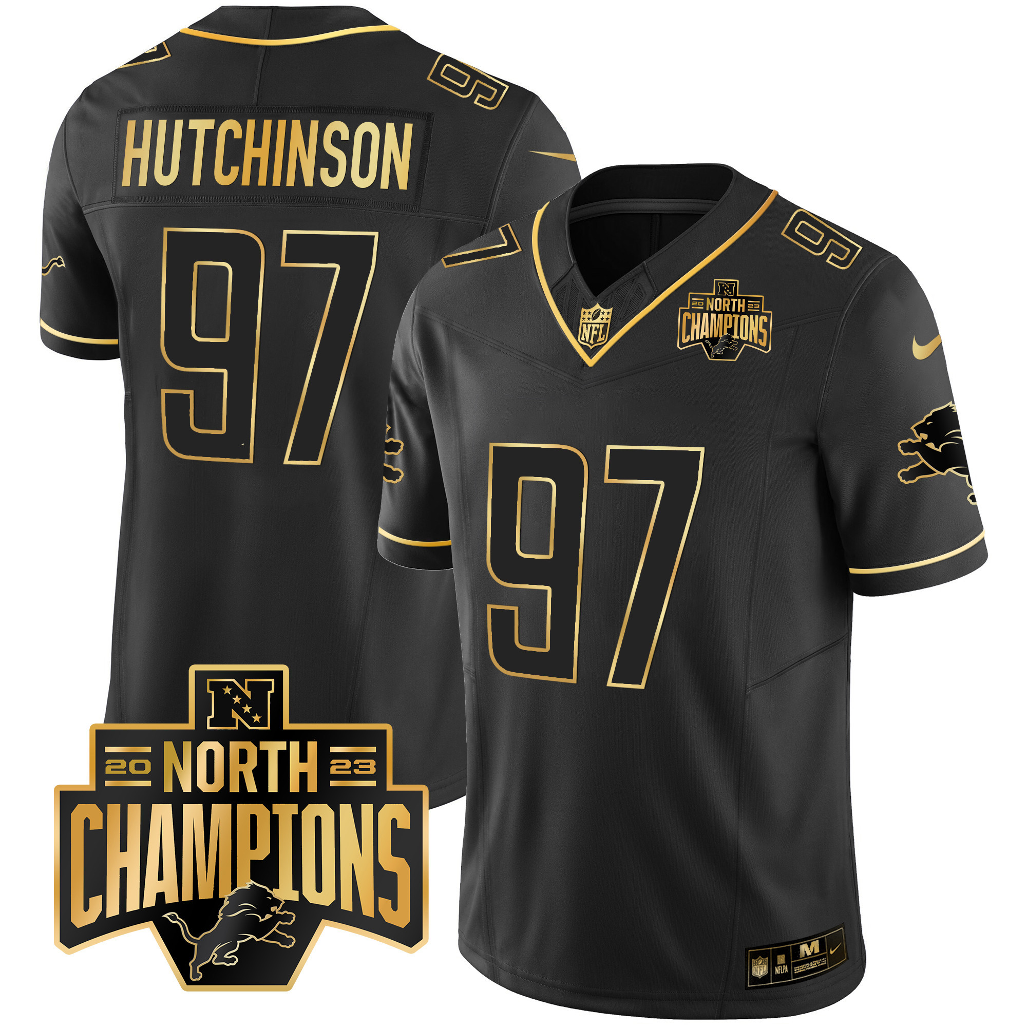 Hutchinson Men's Detroit Lions 2023 NFC North Division Champions Patch Vapor Gold Black Gold Jersey - All Stitched 