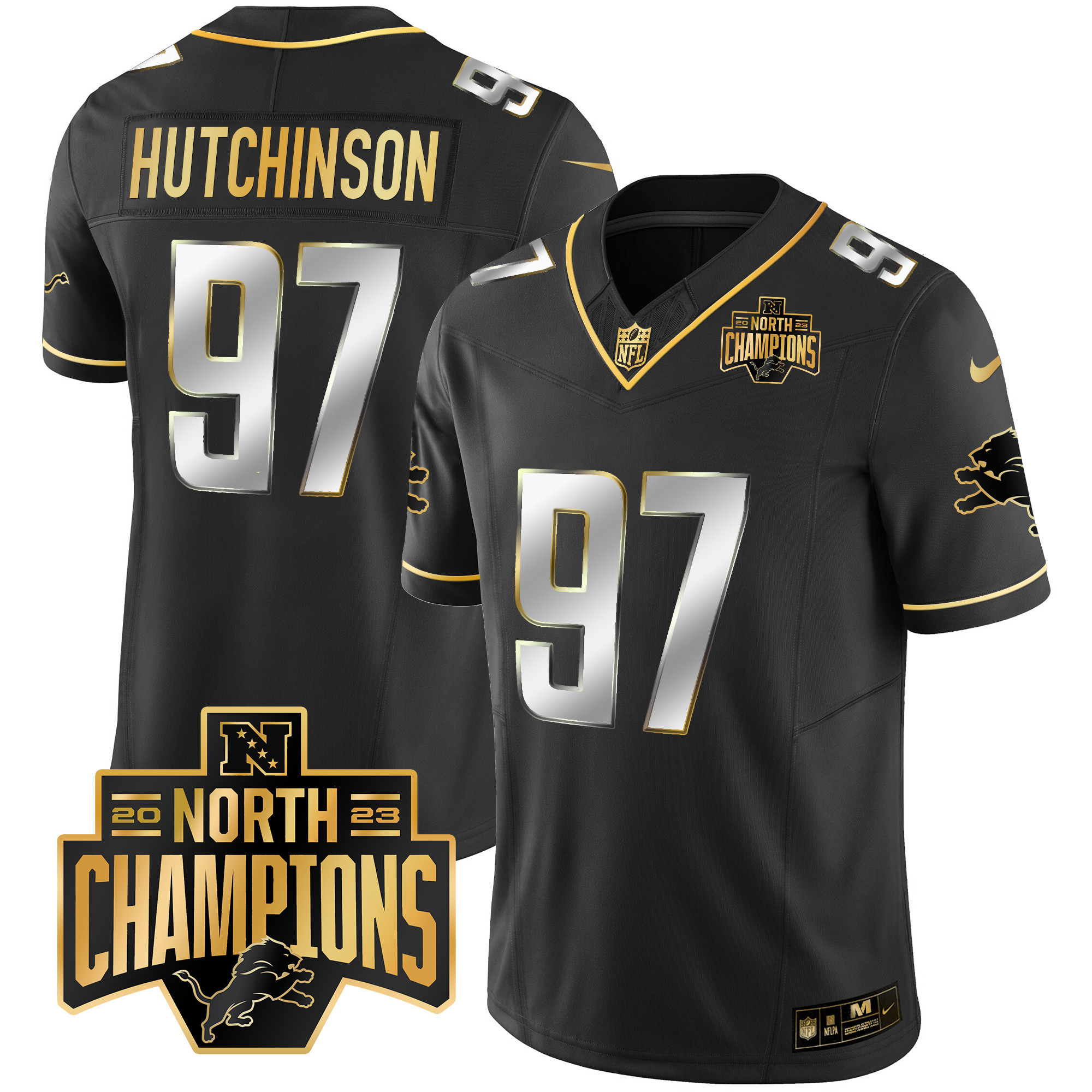 Hutchinson Men's Detroit Lions 2023 NFC North Division Champions Patch Vapor Gold Black Limited Jersey - All Stitched 