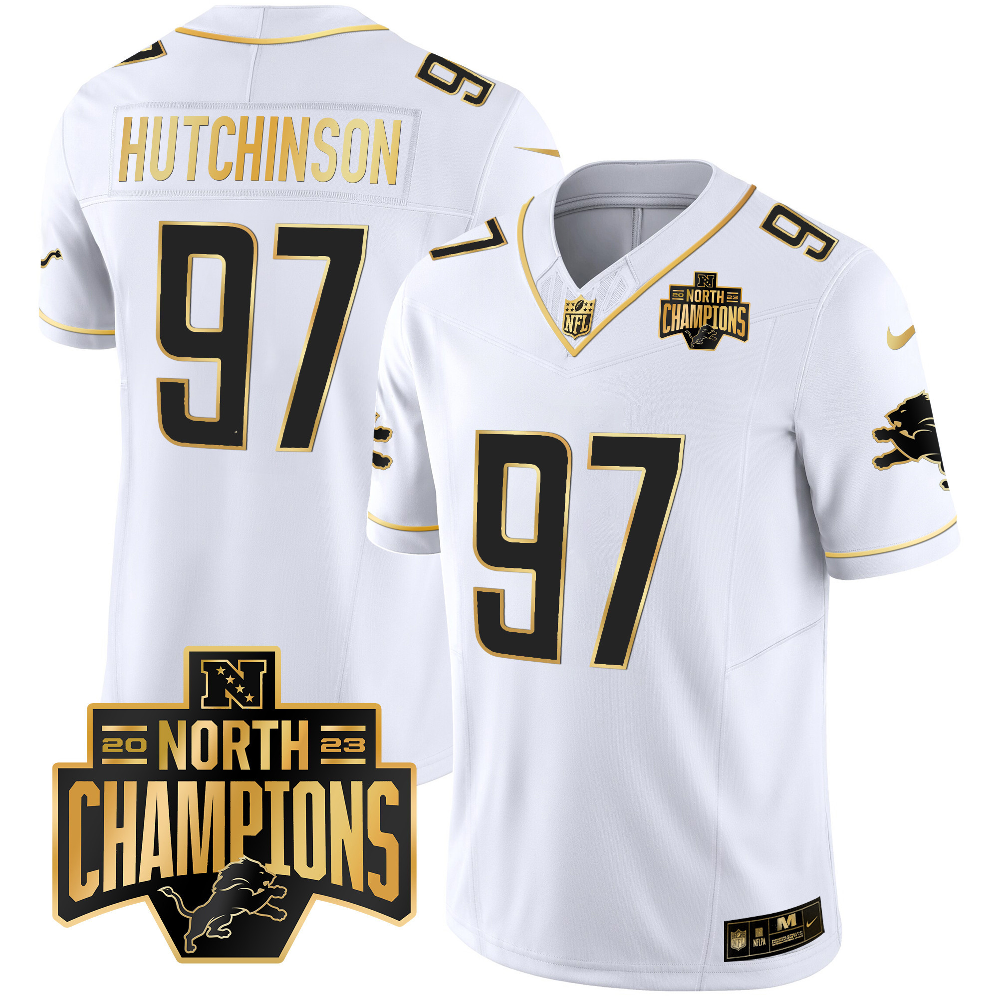 Hutchinson Men's Detroit Lions 2023 NFC North Division Champions Patch Vapor Gold White Gold Jersey - All Stitched 