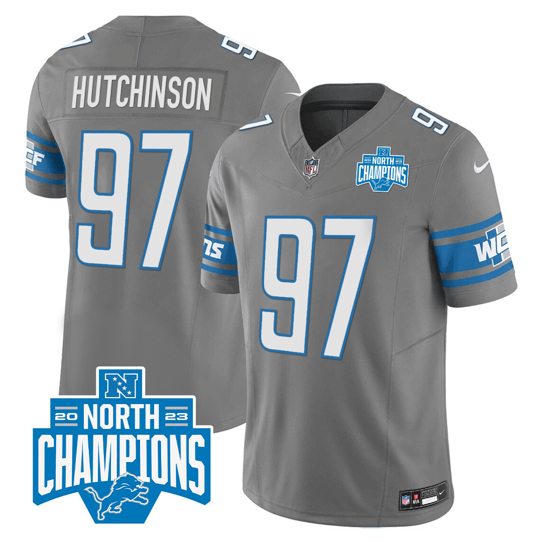 Hutchinson Men's Detroit Lions 2023 NFC North Division Champions Patch Vapor Gray Jersey - All Stitched 