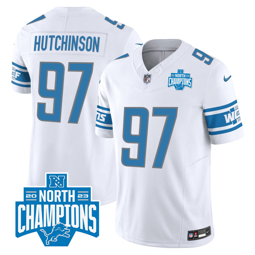 Hutchinson Men's Detroit Lions 2023 NFC North Division Champions Patch Vapor White Jersey - All Stitched 