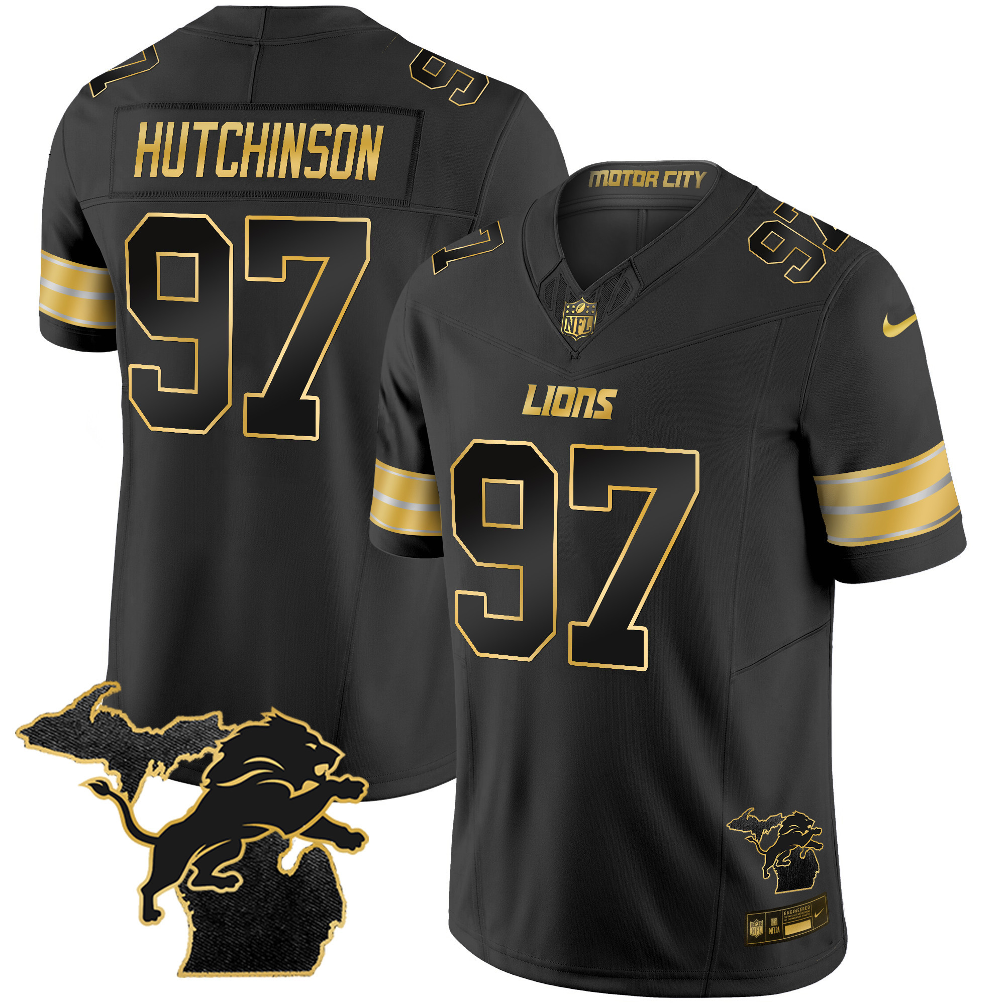 Hutchinson Men's Detroit Lions 2024 Michigan Patch Gold Vapor Black Gold Jersey - All Stitched 