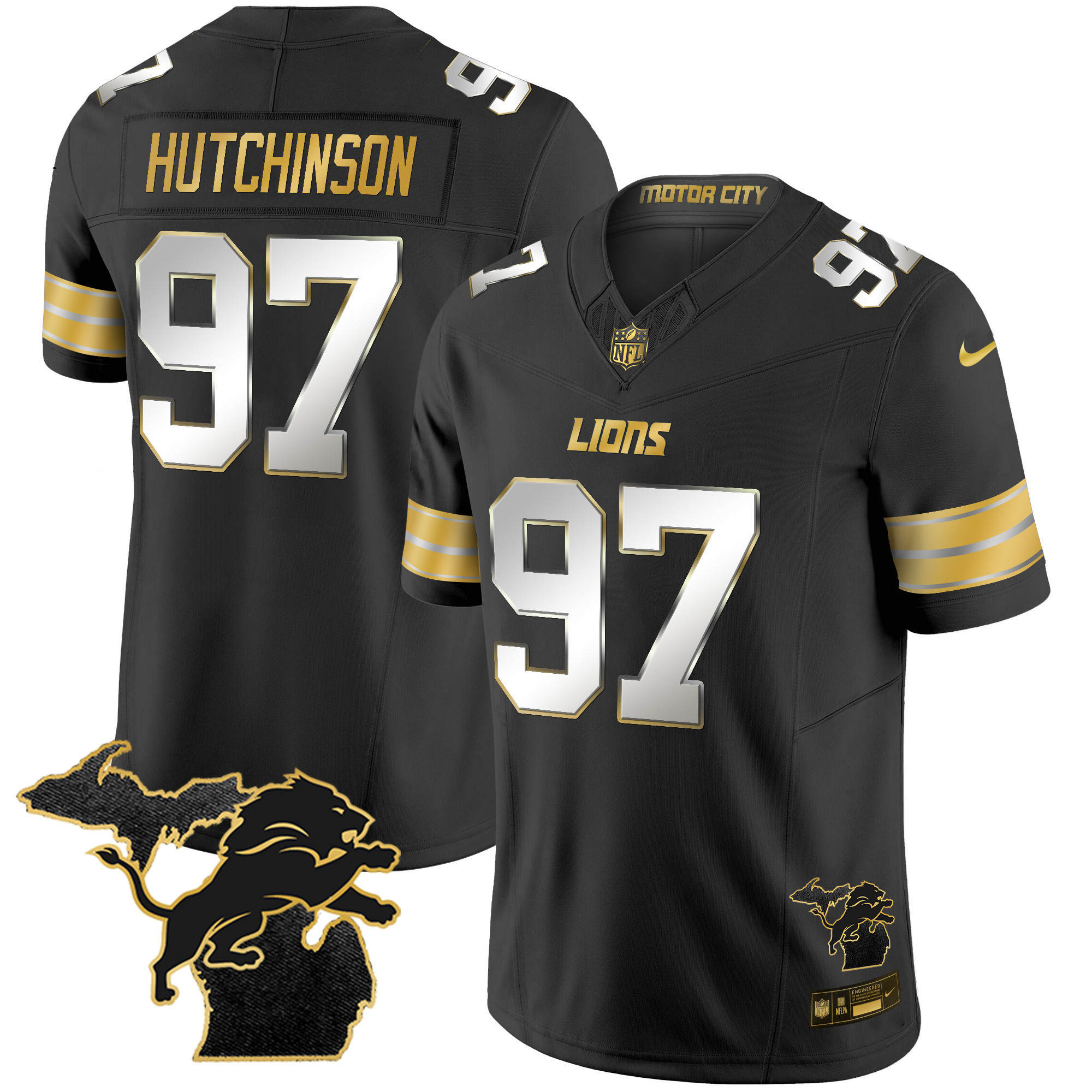 Hutchinson Men's Detroit Lions 2024 Michigan Patch Gold Vapor Black Limited Jersey - All Stitched 