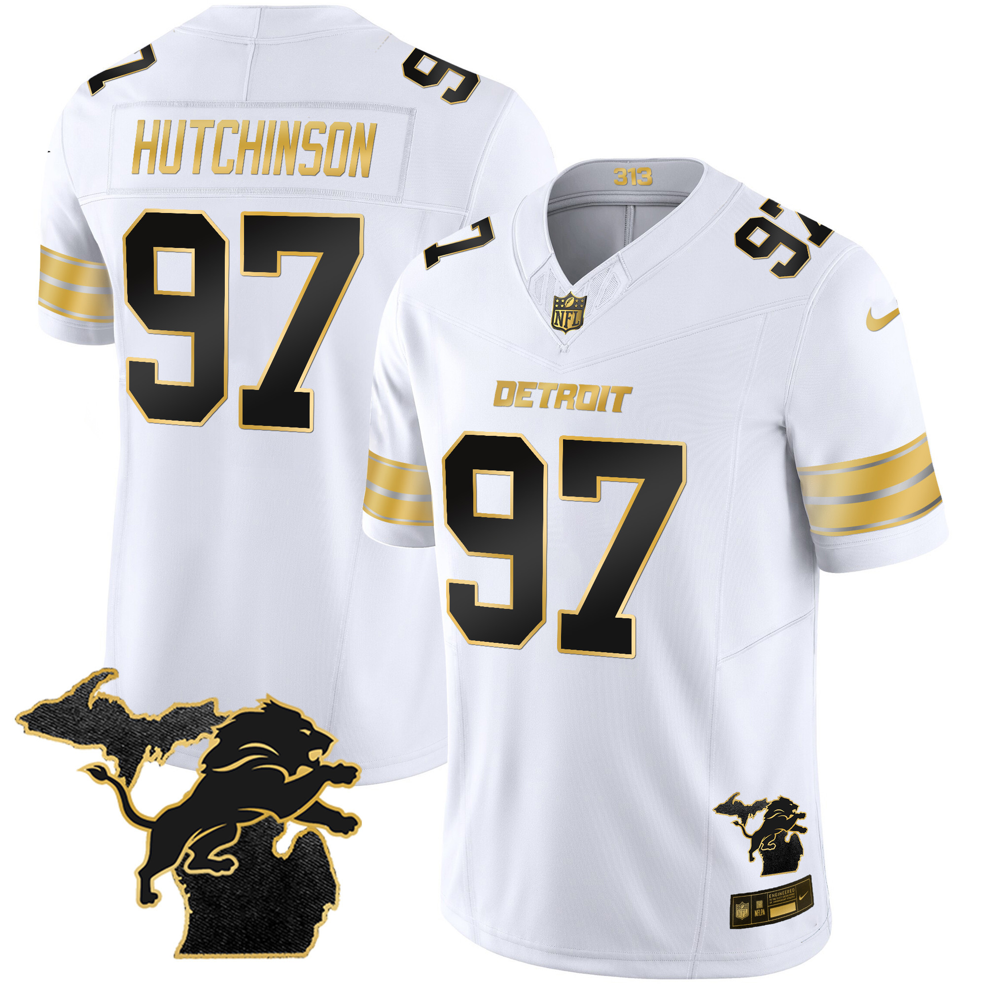 Hutchinson Men's Detroit Lions 2024 Michigan Patch Gold Vapor White Gold Jersey - All Stitched 
