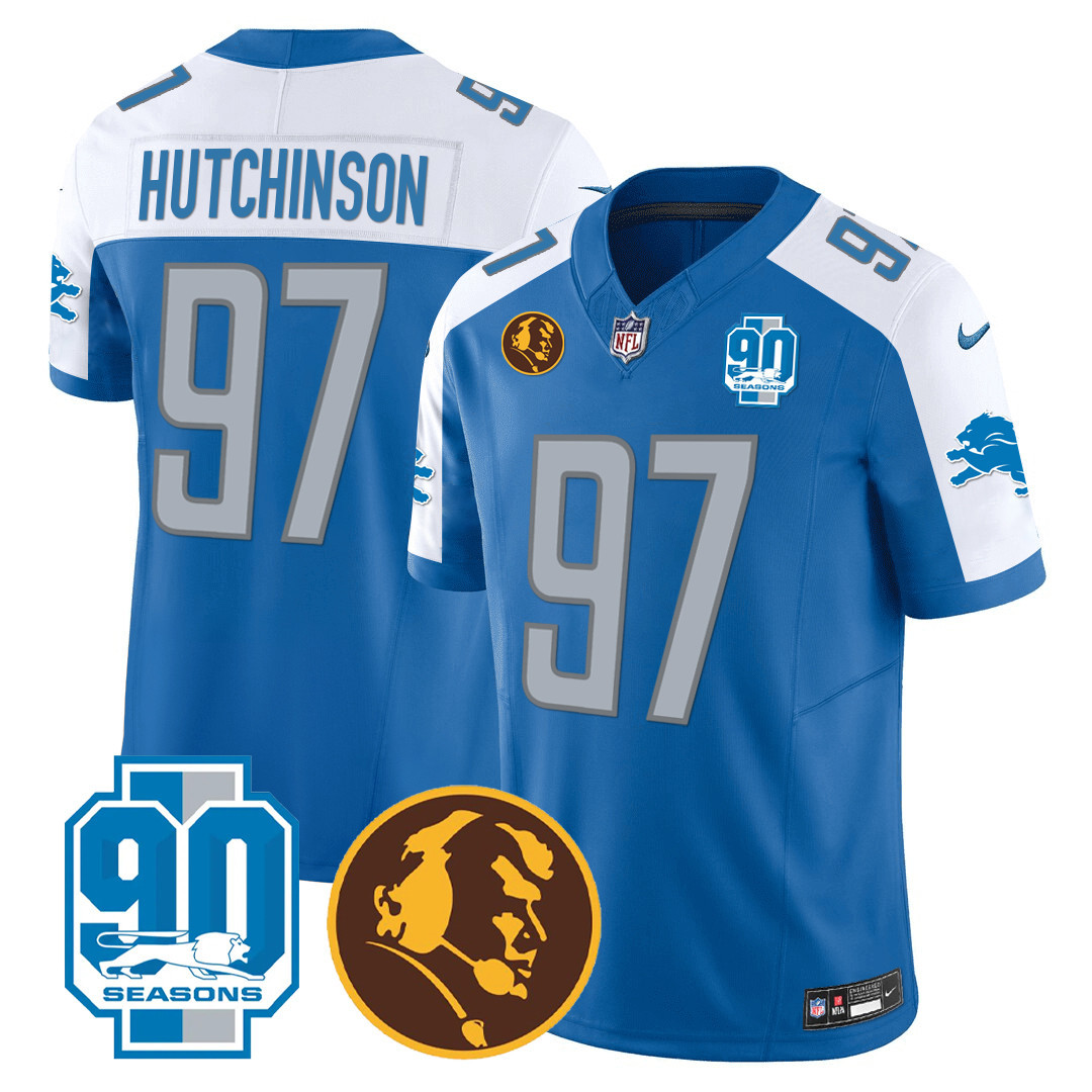 Hutchinson Men's Detroit Lions 90th & John Madden Patch Blue Alternate Jersey - All Stitched 