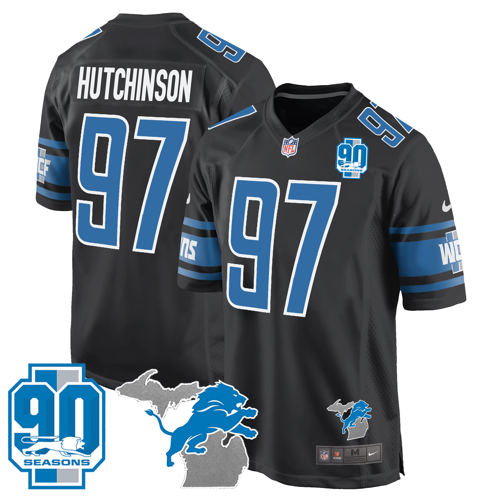 Hutchinson Men's Detroit Lions 90th Year & Michigan Patch Game Black Jersey - All Stitched 