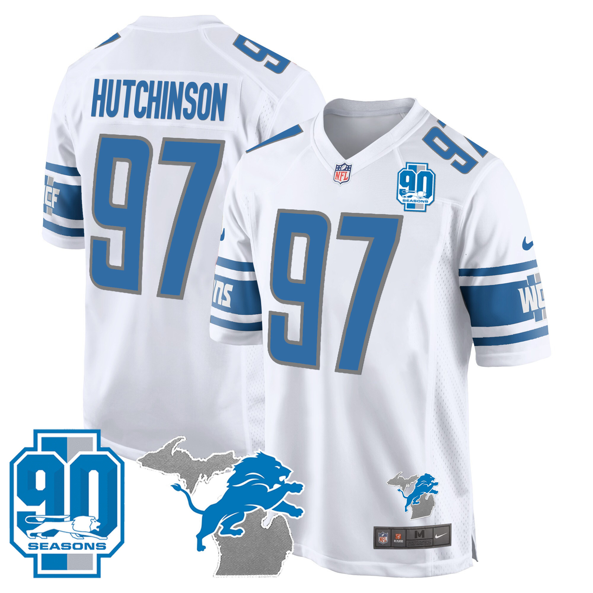 Hutchinson Men's Detroit Lions 90th Year & Michigan Patch Game White Jersey - All Stitched 
