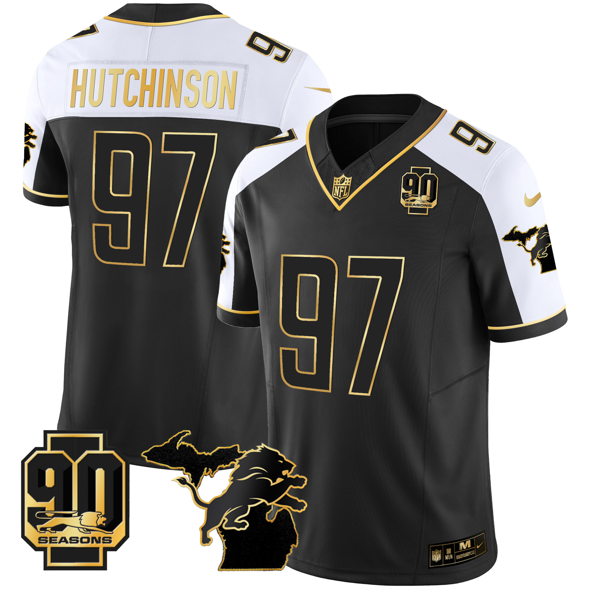 Hutchinson Men's Detroit Lions 90th Year & Michigan Patch Gold Vapor Alternate Jersey - All Stitched 