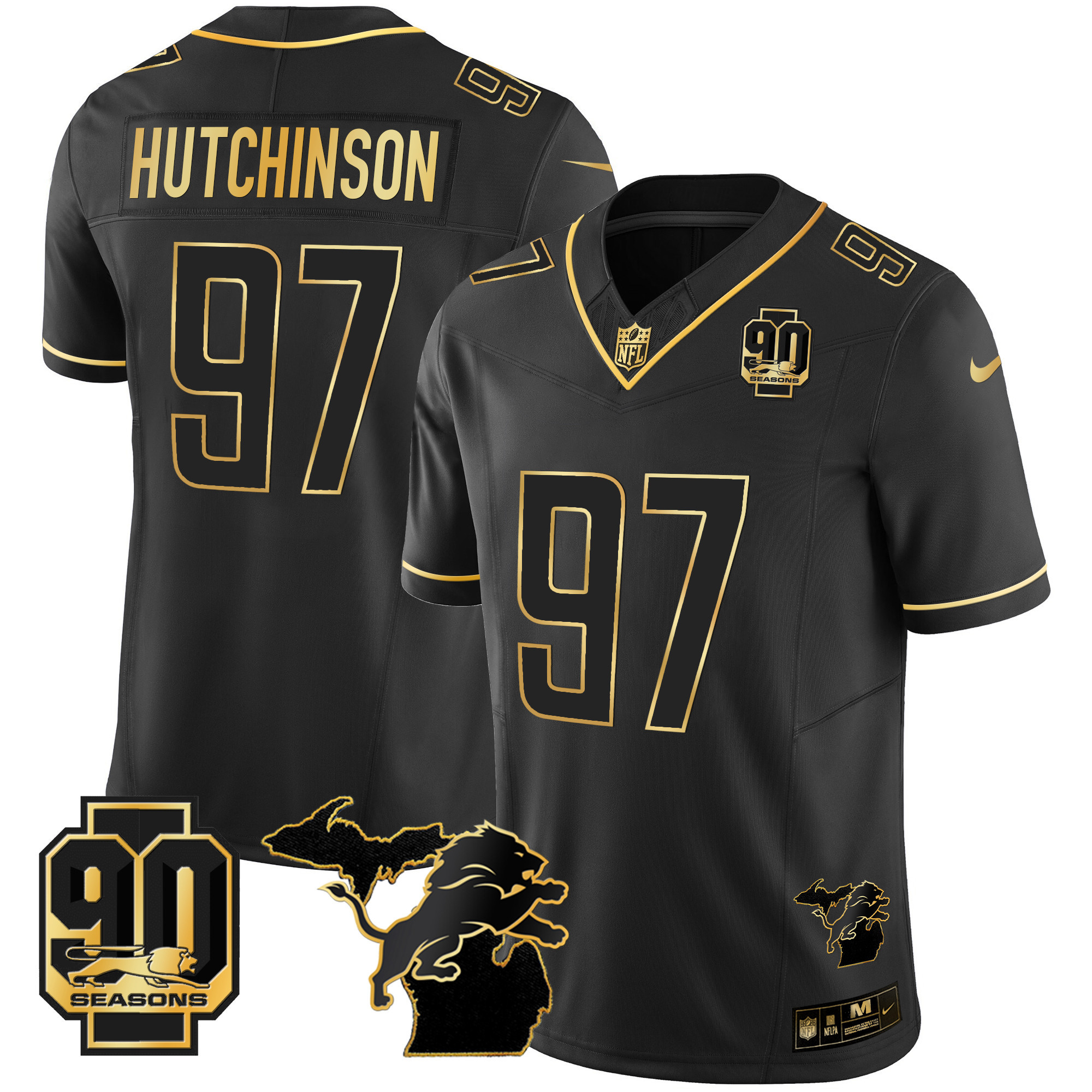 Hutchinson Men's Detroit Lions 90th Year & Michigan Patch Gold Vapor Black Gold Jersey - All Stitched 