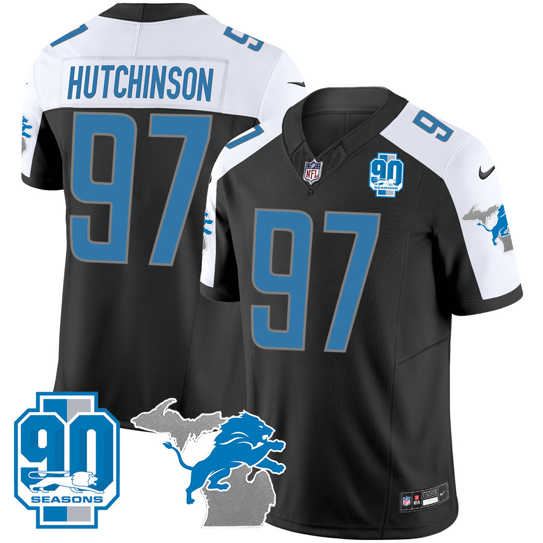 Hutchinson Men's Detroit Lions 90th Year & Michigan Patch Vapor Black Alternate Jersey - All Stitched 