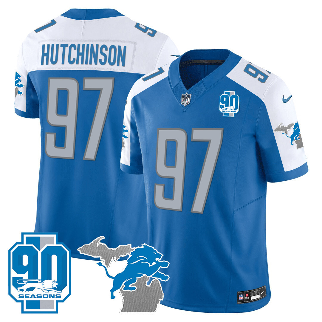 Hutchinson Men's Detroit Lions 90th Year & Michigan Patch Vapor Blue Alternate Jersey - All Stitched 