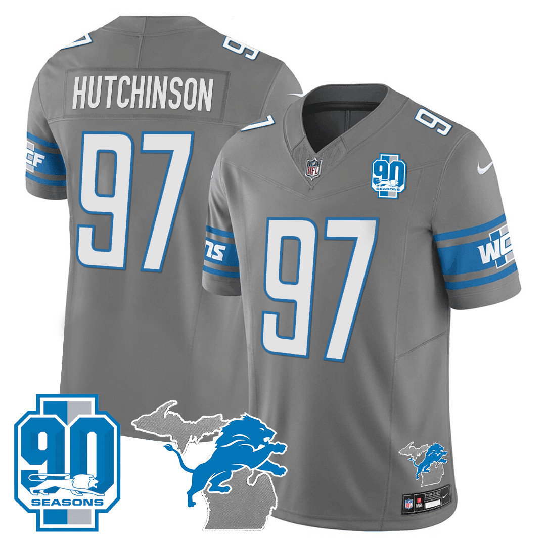 Hutchinson Men's Detroit Lions 90th Year & Michigan Patch Vapor Gray Jersey - All Stitched 