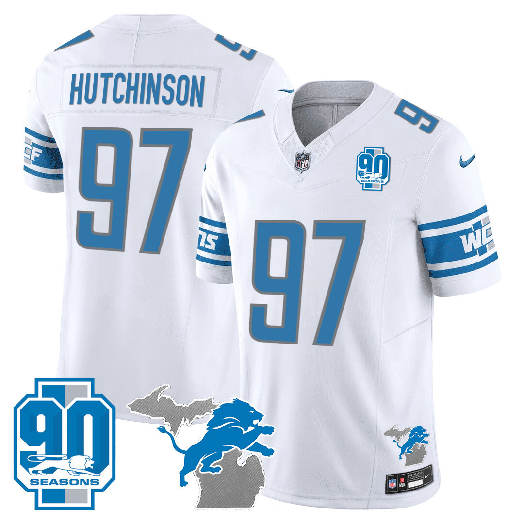 Hutchinson Men's Detroit Lions 90th Year & Michigan Patch Vapor White Jersey - All Stitched 