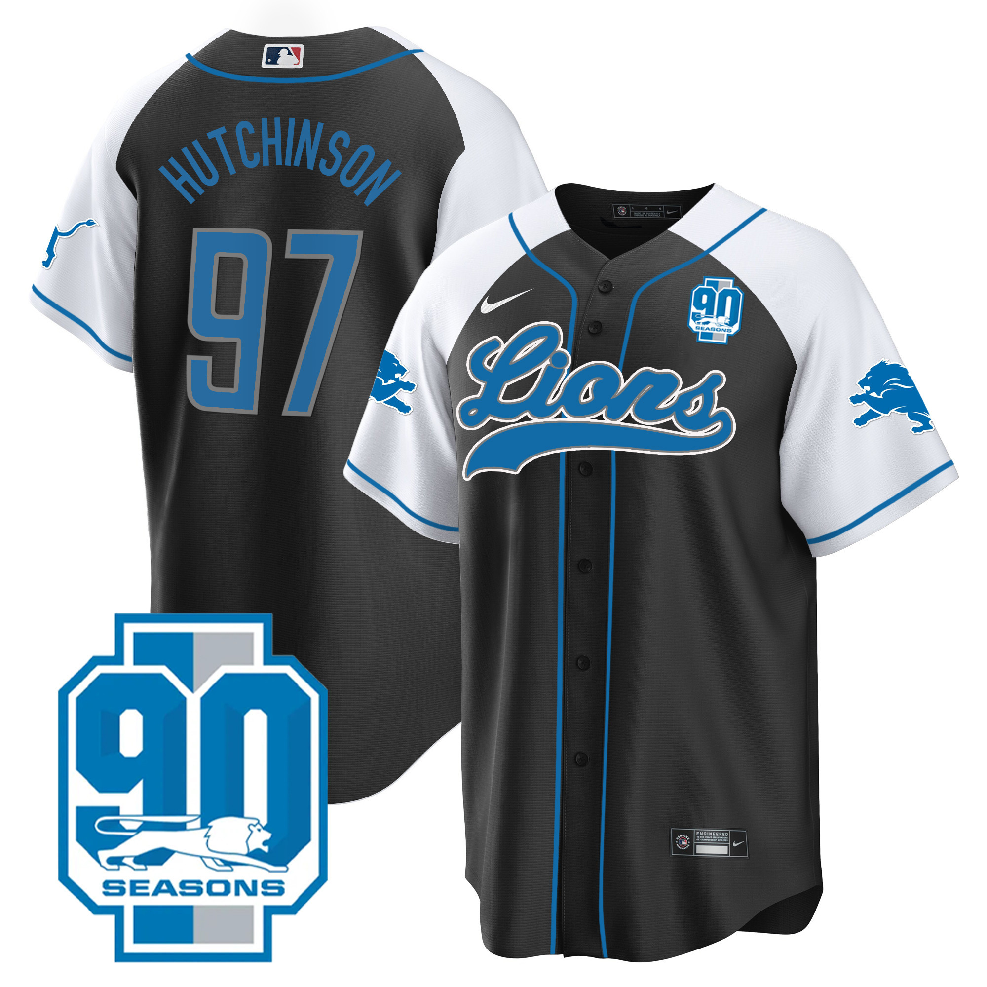 Hutchinson Men's Detroit Lions 90th Year Patch Baseball Black Alternate Jersey - All Stitched 