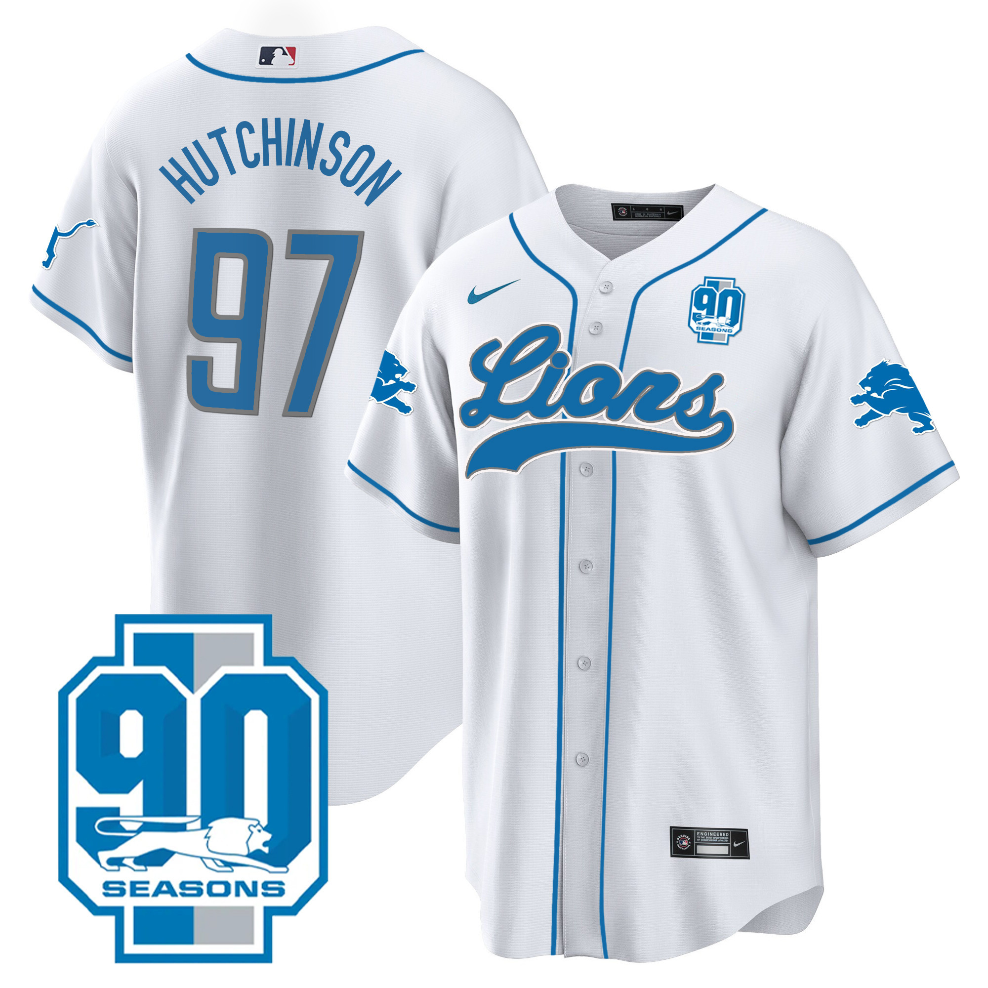 Hutchinson Men's Detroit Lions 90th Year Patch Baseball White Jersey - All Stitched 