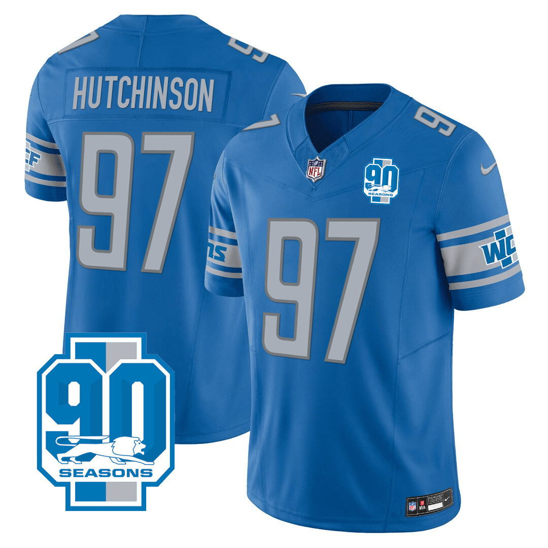 Hutchinson Men's Detroit Lions 90th Year Patch Blue Jersey - All Stitched 