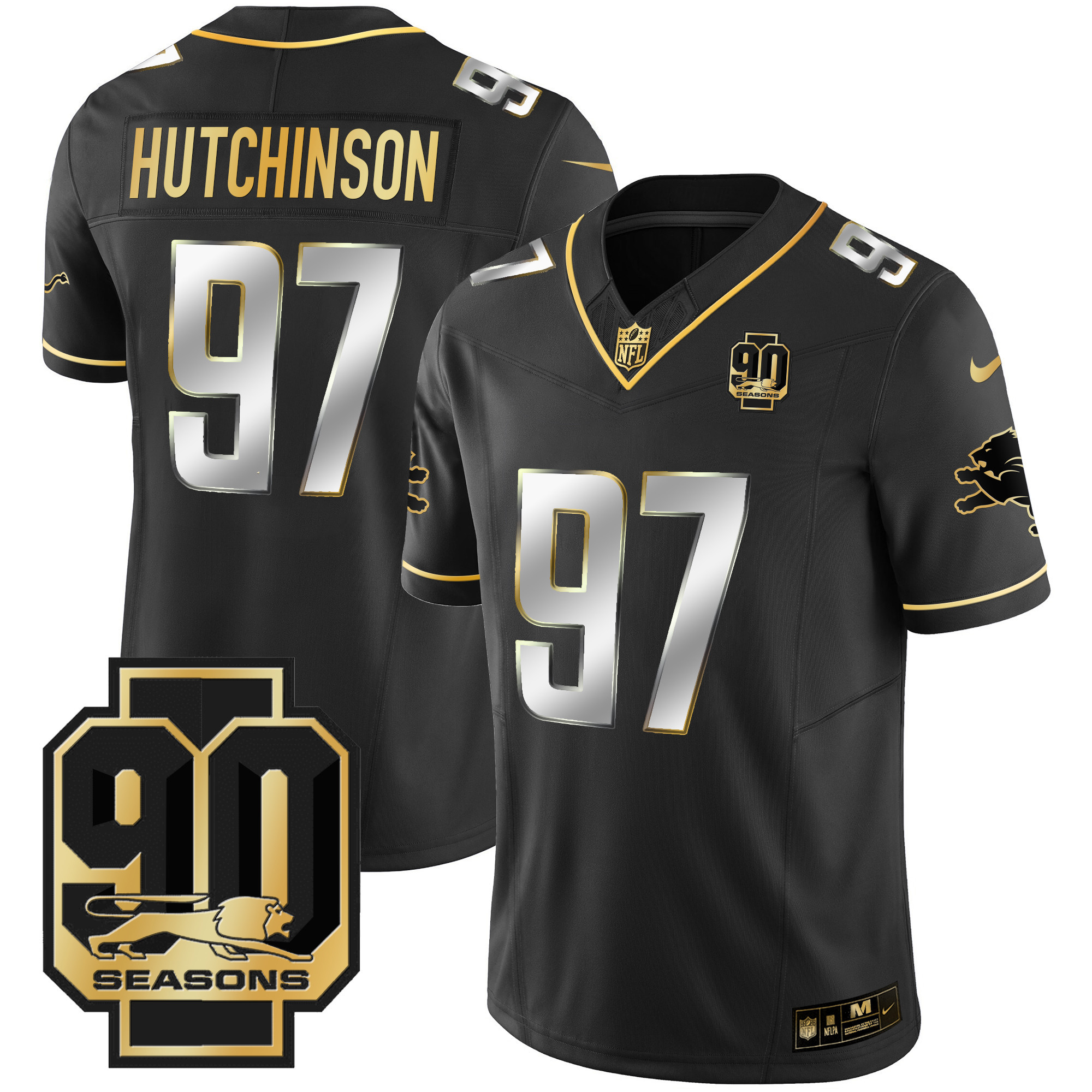 Hutchinson Men's Detroit Lions 90th Year Patch Gold Black Limited Jersey - All Stitched 