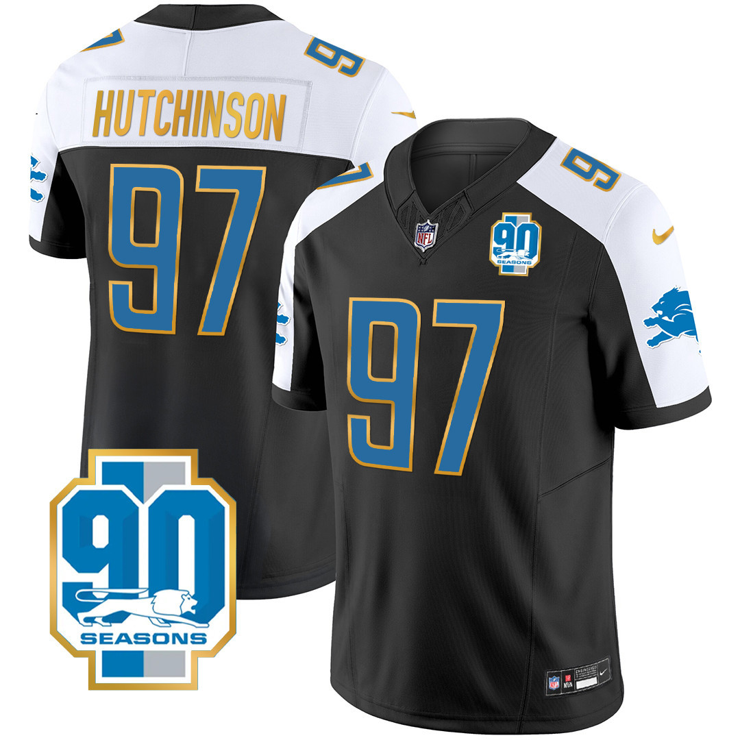 Hutchinson Men's Detroit Lions 90th Year Patch Gold Trim Black Alternate Jersey - All Stitched 