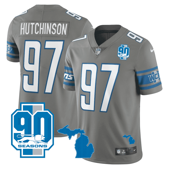 Hutchinson Men's Detroit Lions Michigan State & 90th Year Patch Gray Jersey - All Stitched 