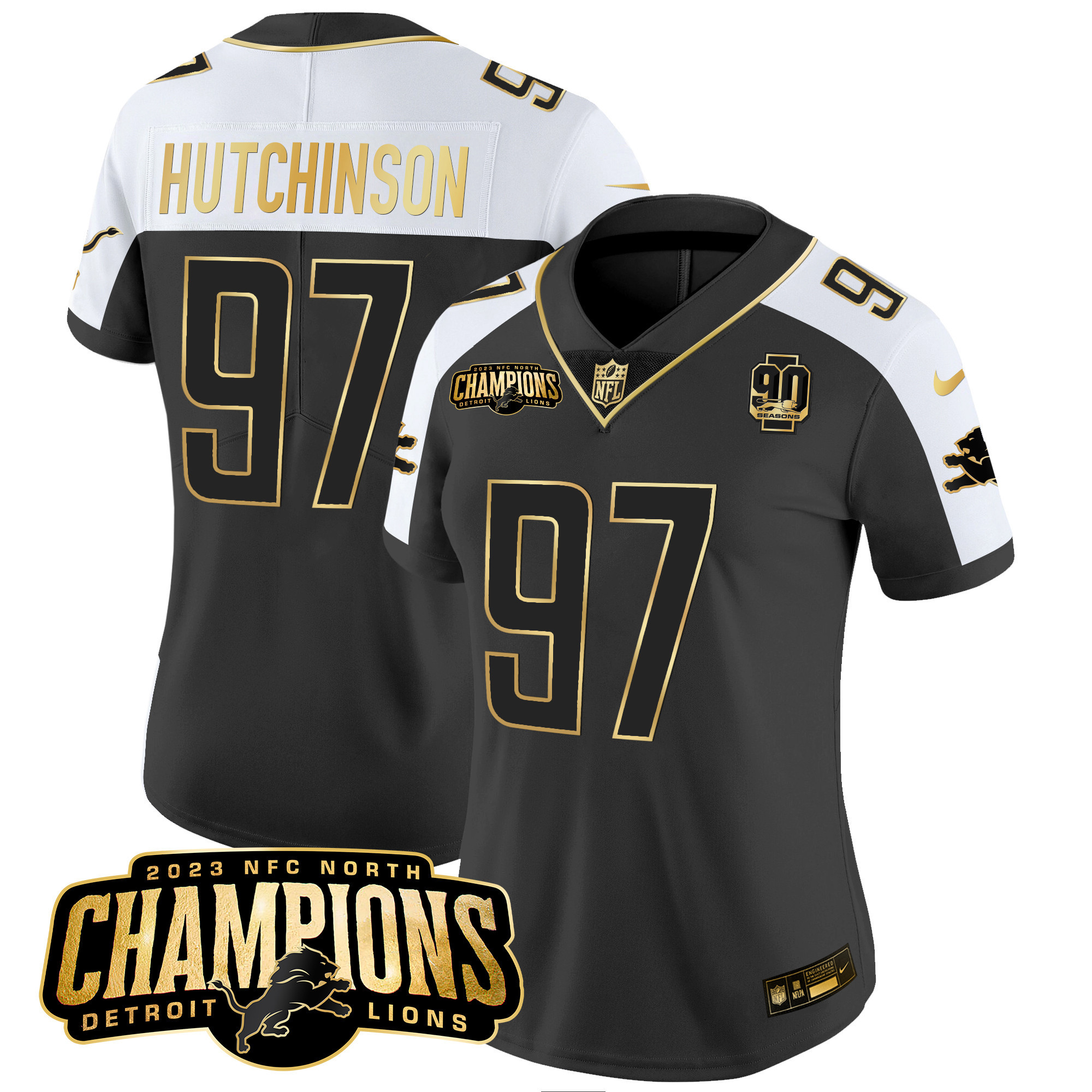 Hutchinson Women's Detroit Lions 2023 NFC North Champions Patch Gold Vapor Alternate Jersey - All Stitched 