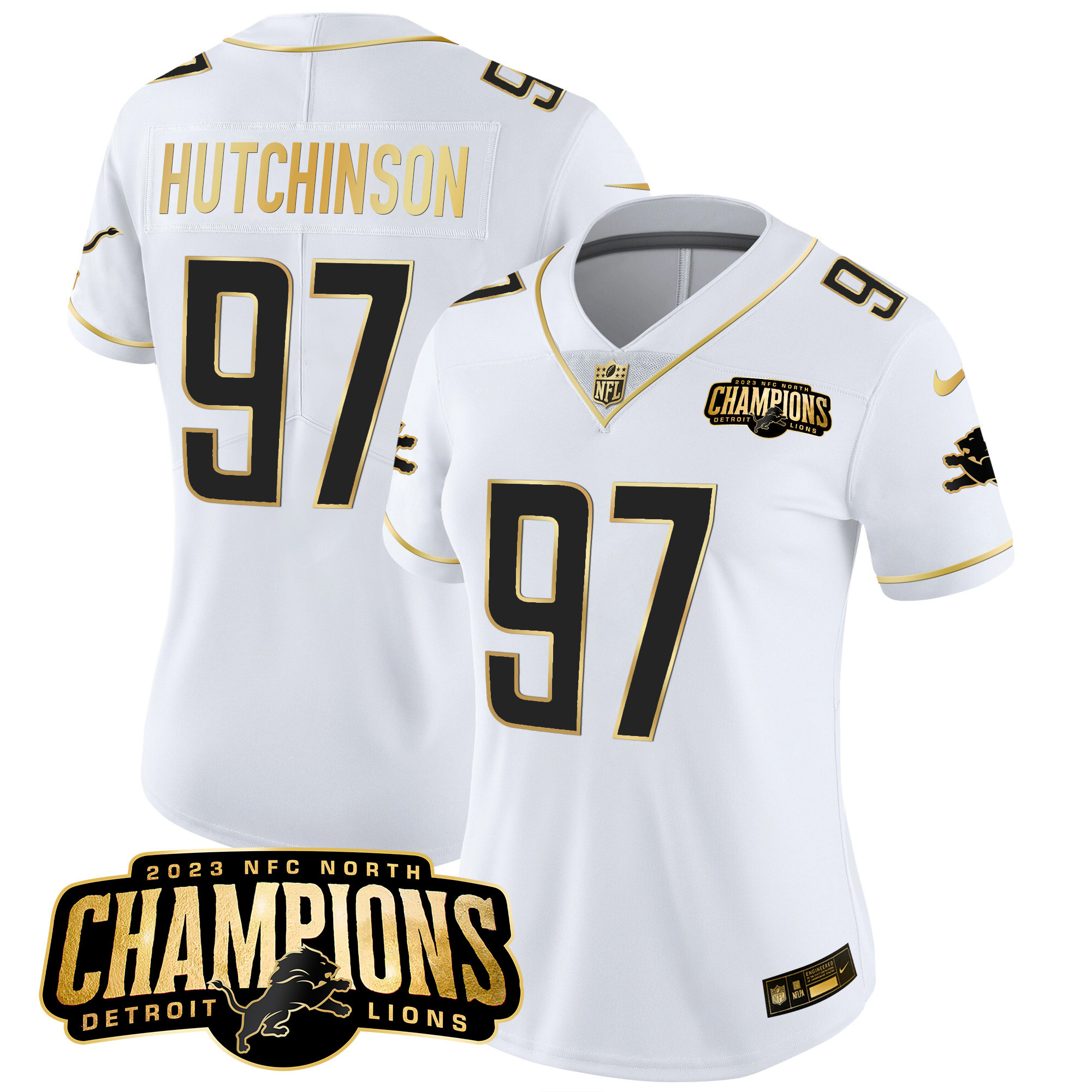 Hutchinson Women's Detroit Lions 2023 NFC North Champions Patch Gold Vapor White Gold Jersey - All Stitched 