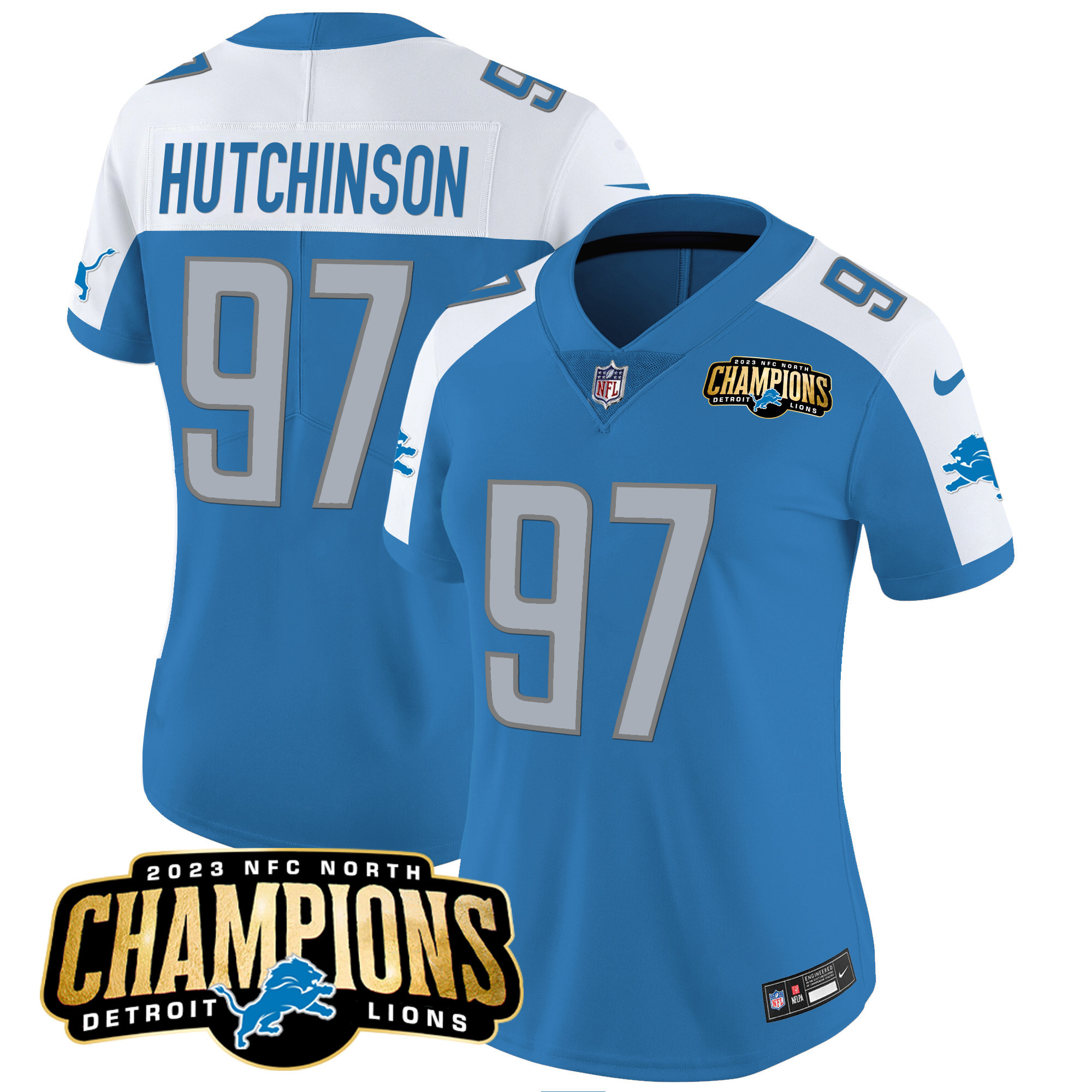 Hutchinson Women's Detroit Lions 2023 NFC North Champions Patch Vapor Blue Alternate Jersey - All Stitched 