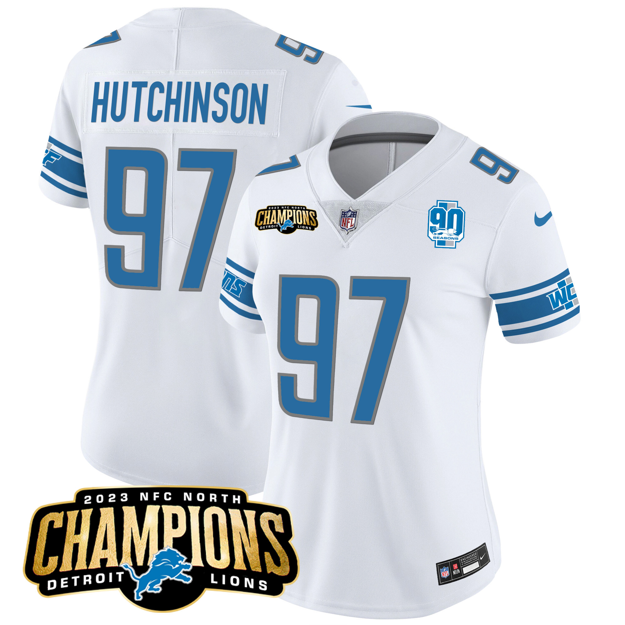 Hutchinson Women's Detroit Lions 2023 NFC North Champions Patch Vapor White Jersey - All Stitched 