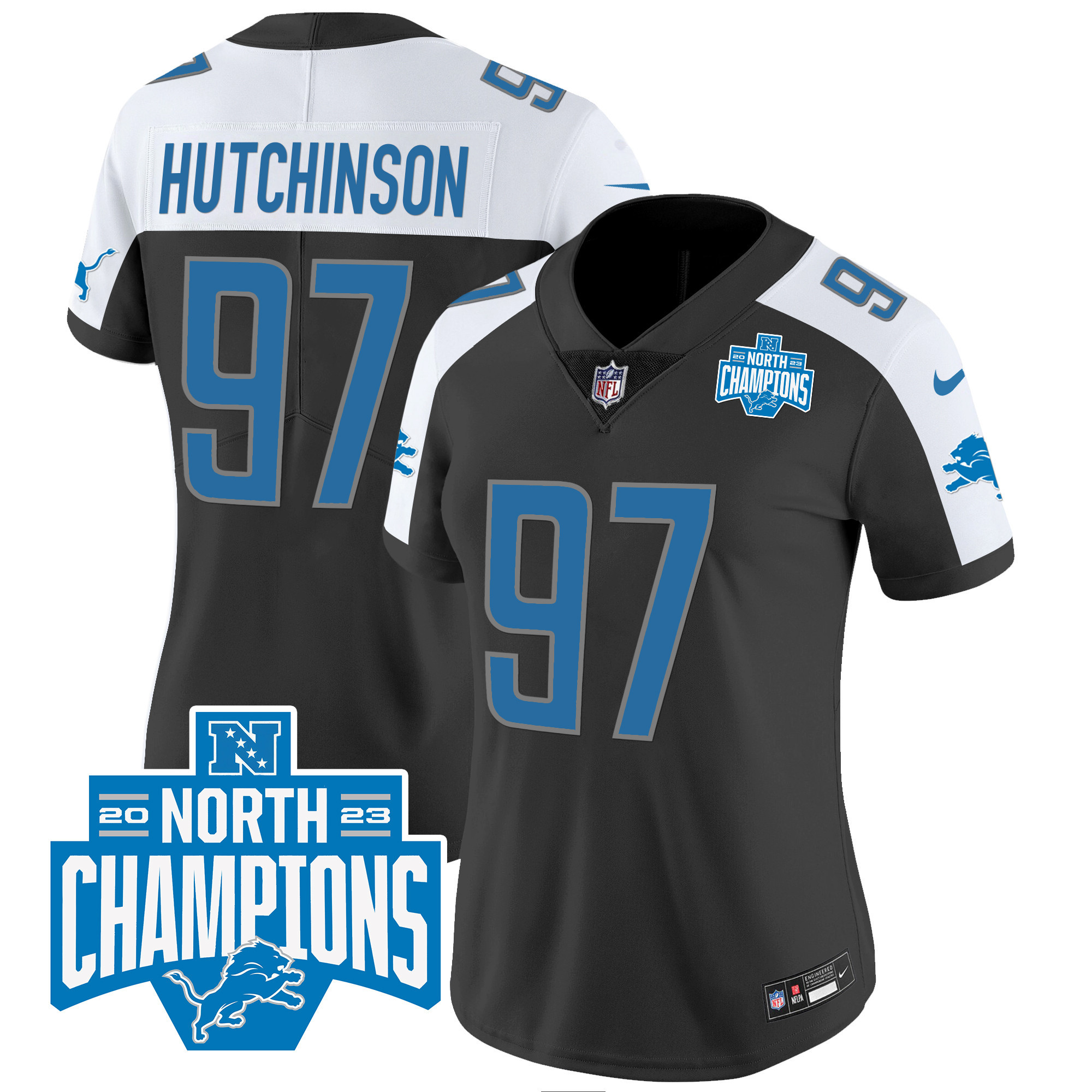 Hutchinson Women's Detroit Lions 2023 NFC North Division Champions Patch Vapor Black Alternate Jersey - All Stitched 