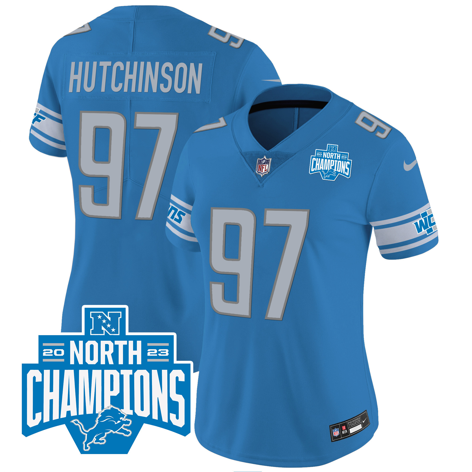 Hutchinson Women's Detroit Lions 2023 NFC North Division Champions Patch Vapor Blue Jersey - All Stitched 