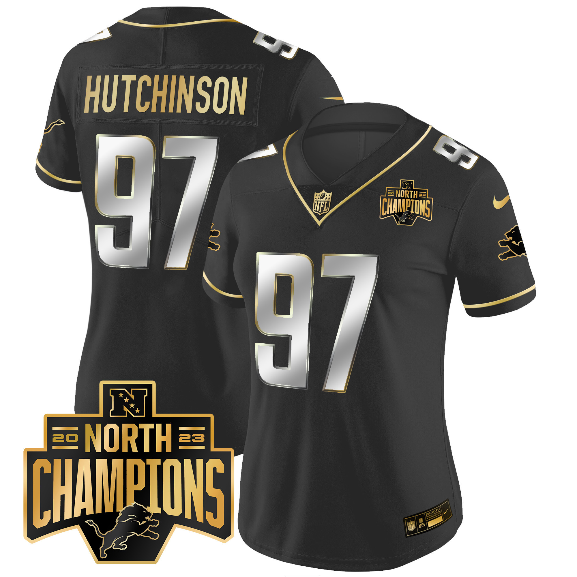 Hutchinson Women's Detroit Lions 2023 NFC North Division Champions Patch Vapor Gold Black Limited Jersey - All Stitched 