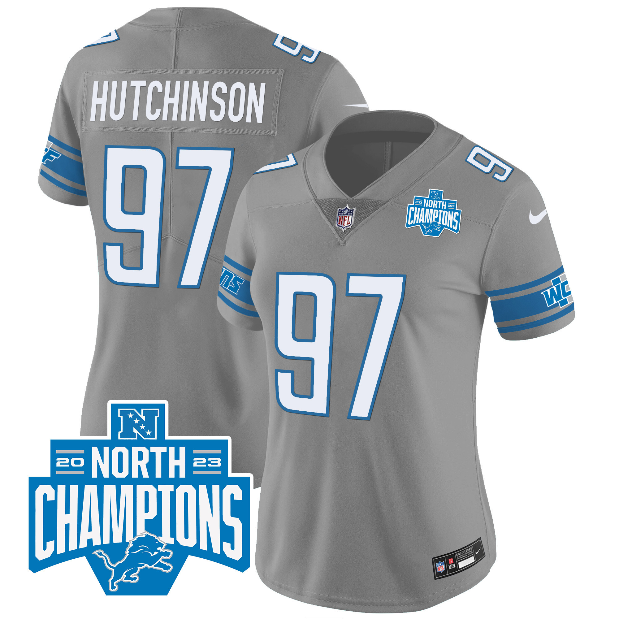 Hutchinson Women's Detroit Lions 2023 NFC North Division Champions Patch Vapor Gray Jersey - All Stitched 