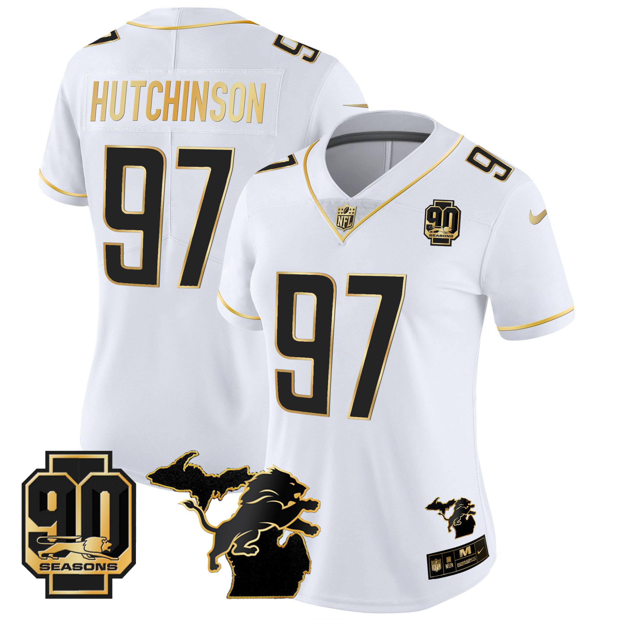 Hutchinson Women's Detroit Lions 90th Year & Michigan Patch Gold Vapor White Gold Jersey - All Stitched 
