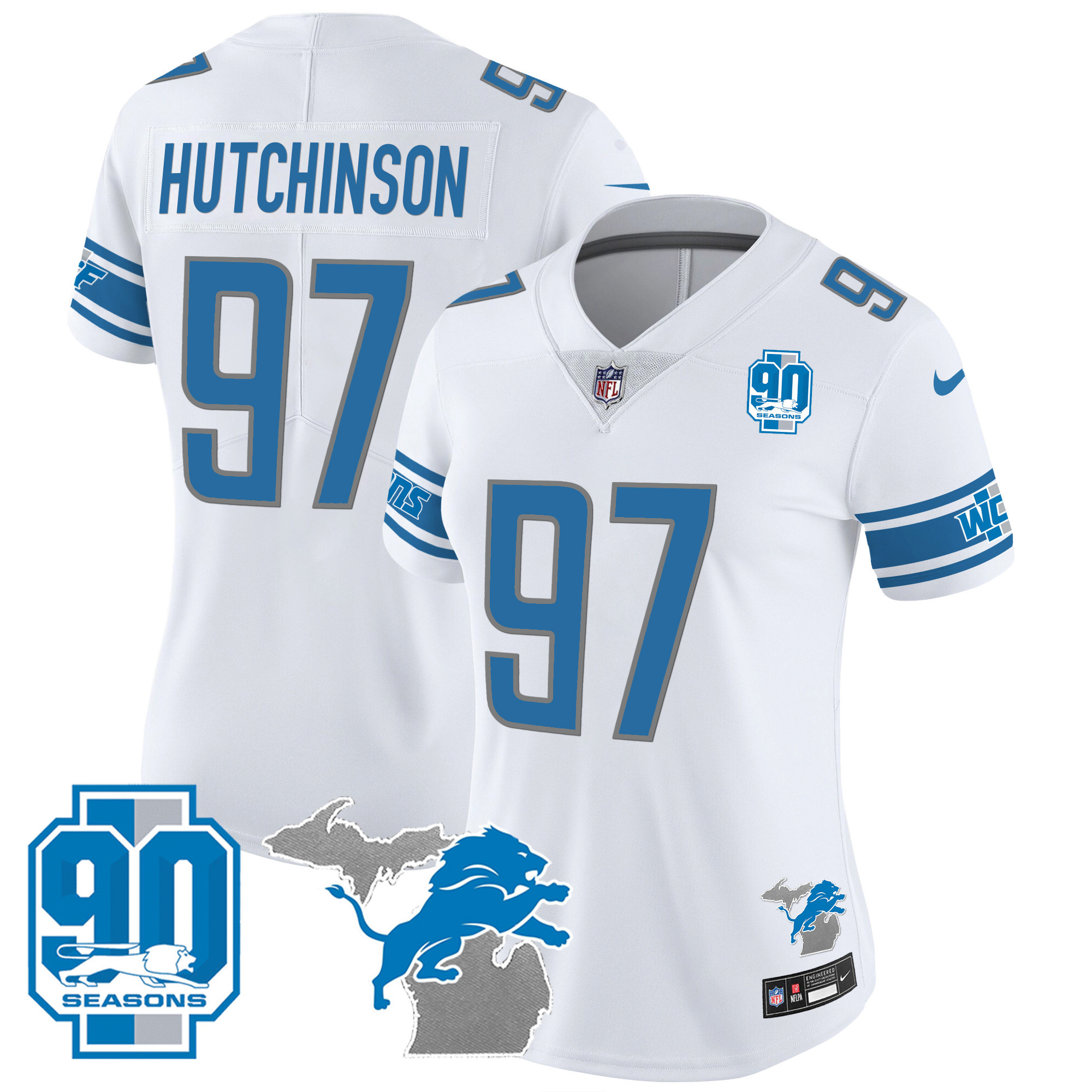 Hutchinson Women's Detroit Lions 90th Year & Michigan Patch Vapor White Jersey - All Stitched 