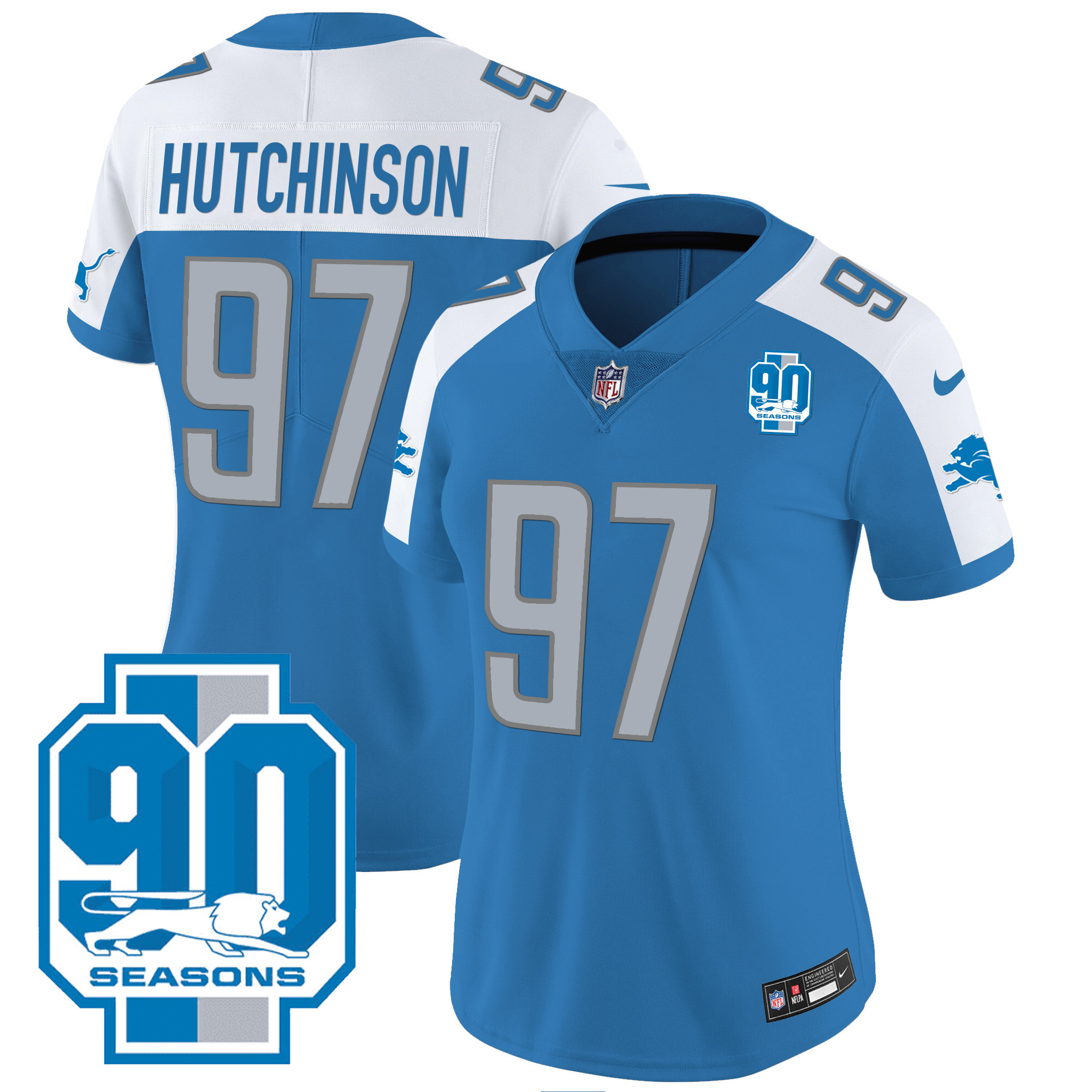 Hutchinson Women's Detroit Lions 90th Year Patch Blue Alternate Jersey - All Stitched 