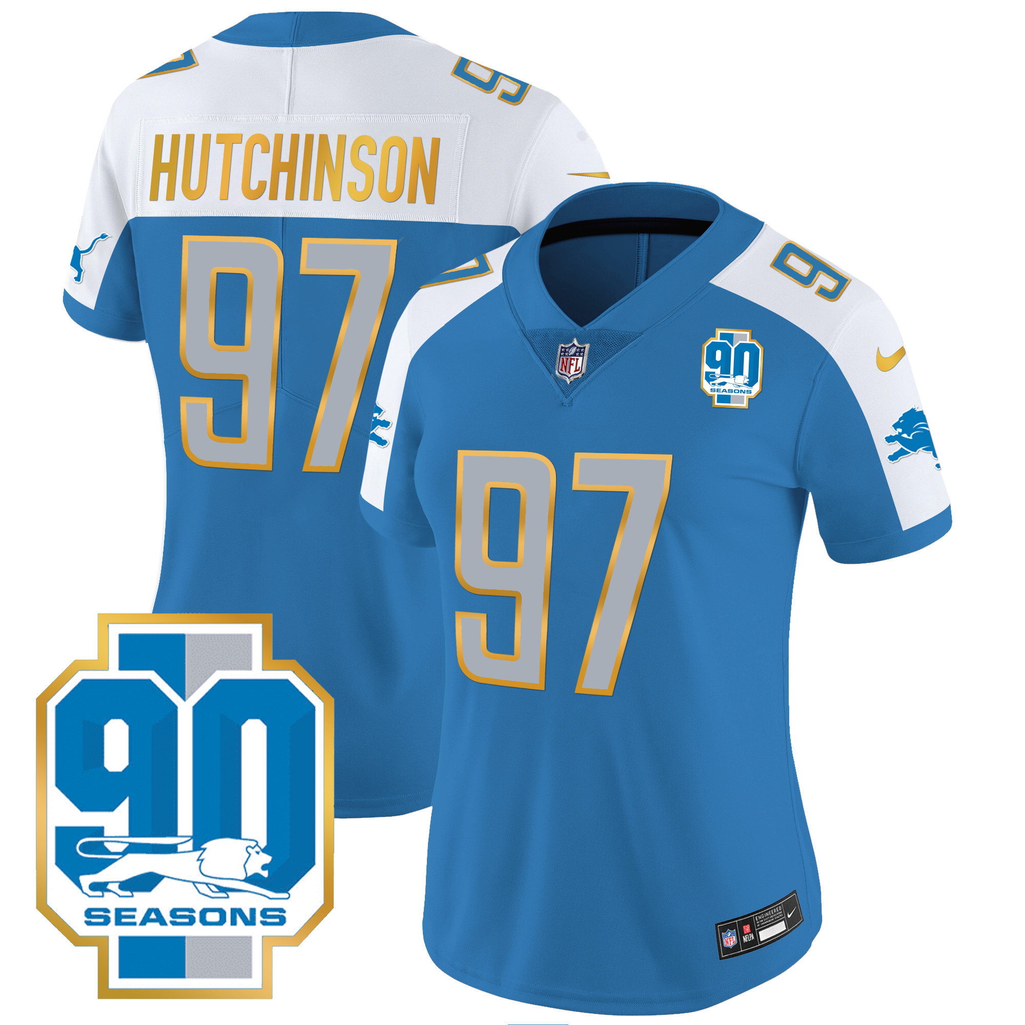 Hutchinson Women's Detroit Lions 90th Year Patch Gold Trim Blue Alternate Jersey - All Stitched 