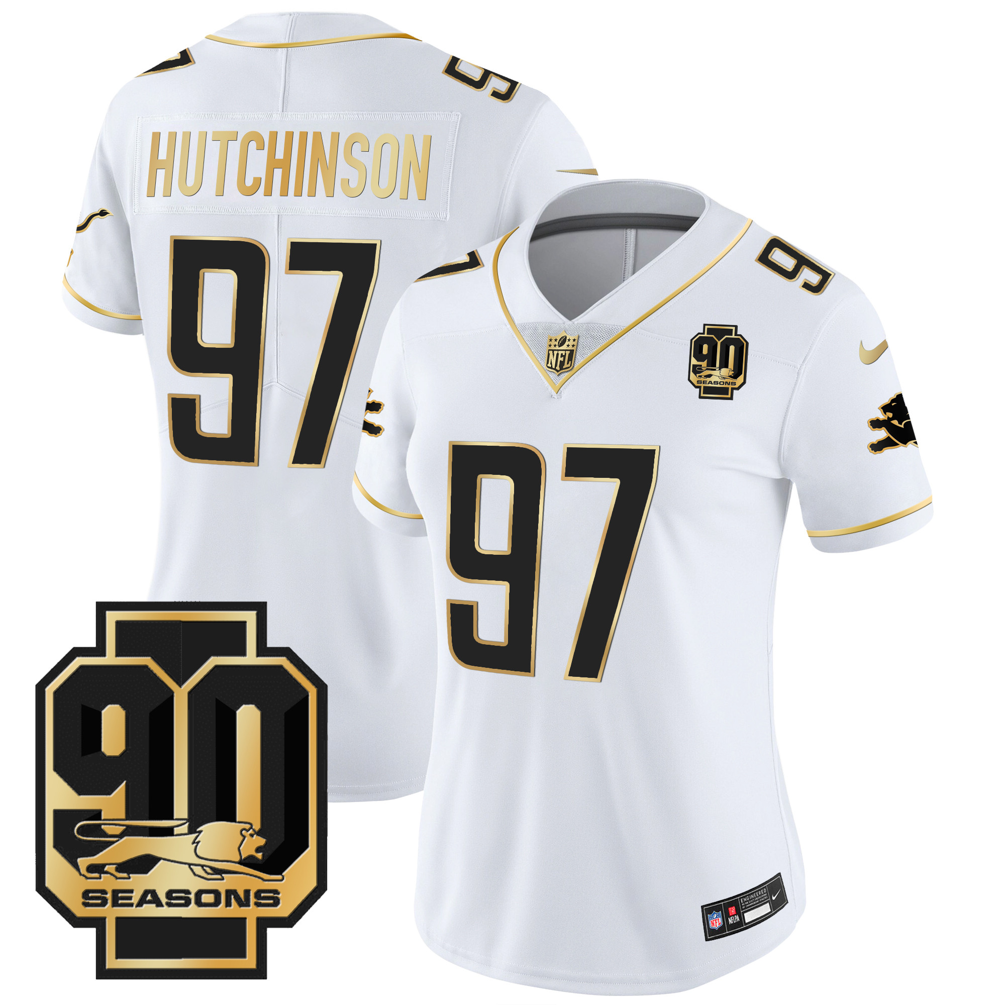 Hutchinson Women's Detroit Lions 90th Year Patch Gold White Gold Jersey - All Stitched 