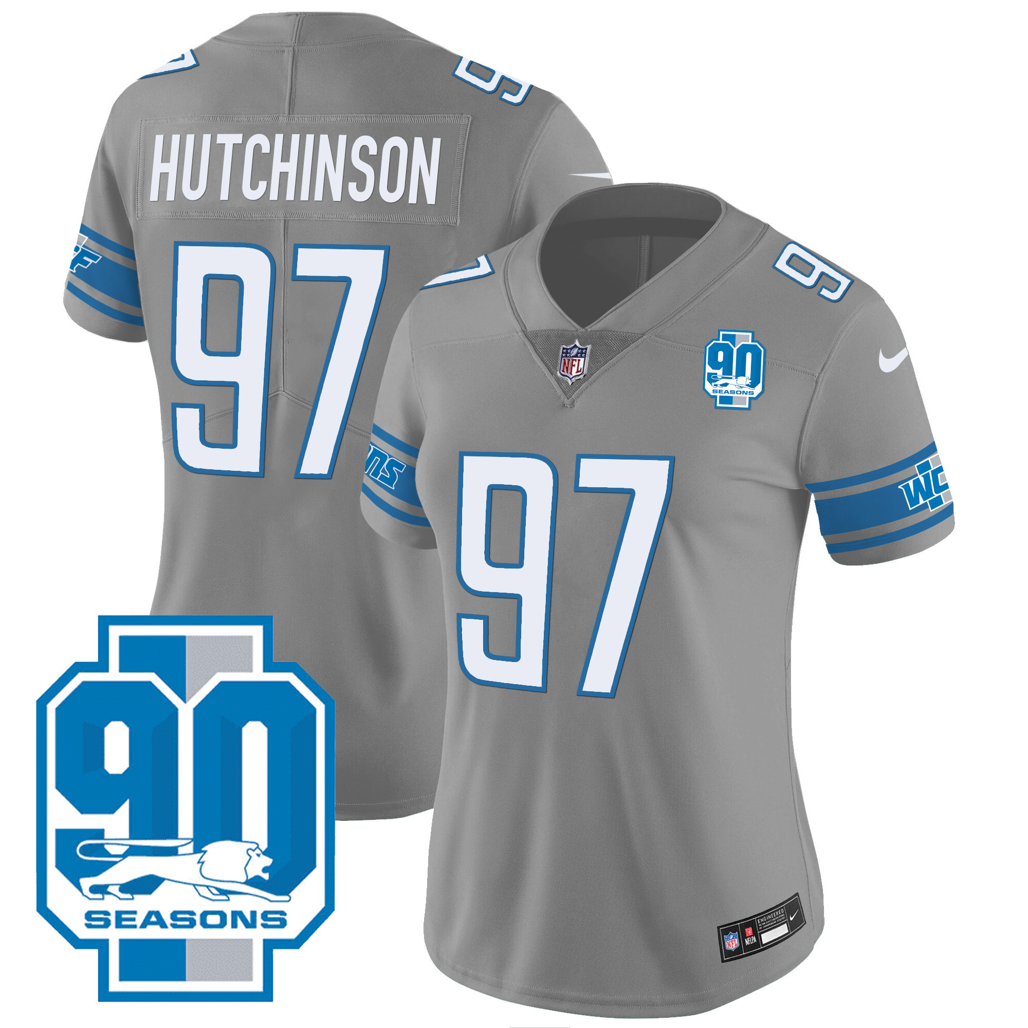 Hutchinson Women's Detroit Lions 90th Year Patch Gray Jersey - All Stitched 