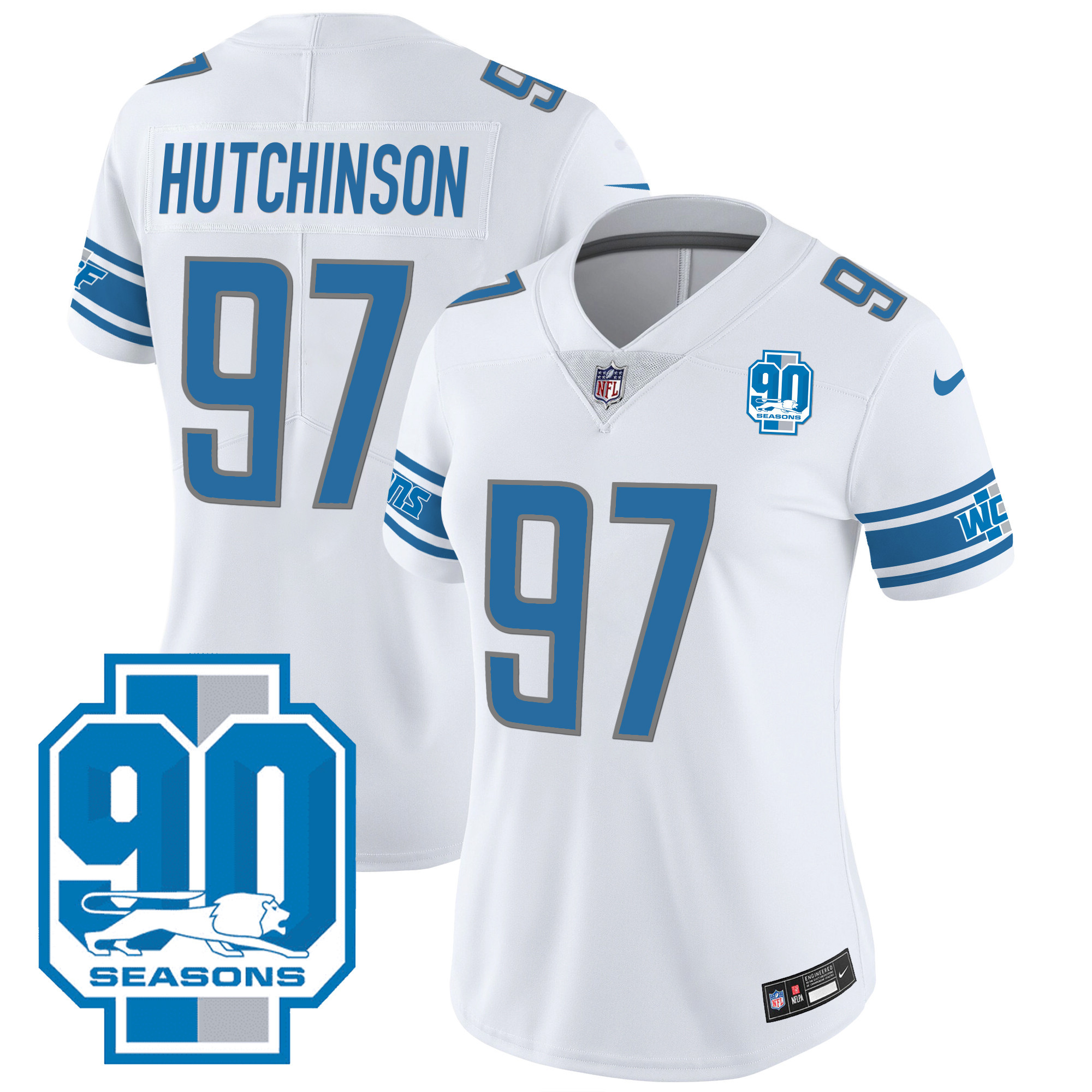 Hutchinson Women's Detroit Lions 90th Year Patch White Jersey - All Stitched 