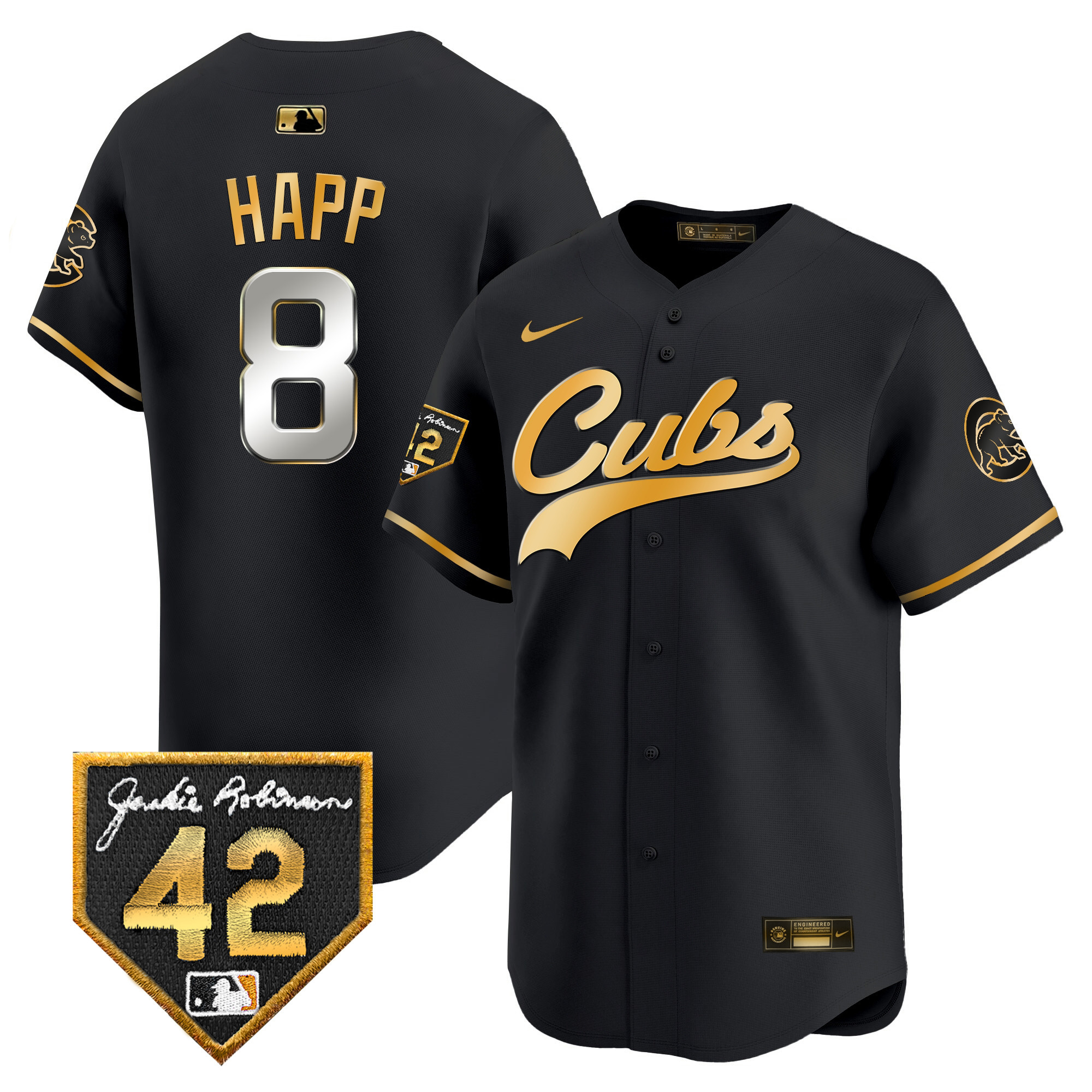 Ian Happ Men's Chicago Cubs 2024 Jackie Robinson Patch Vapor Premier Limited Black Gold Jersey - All Stitched