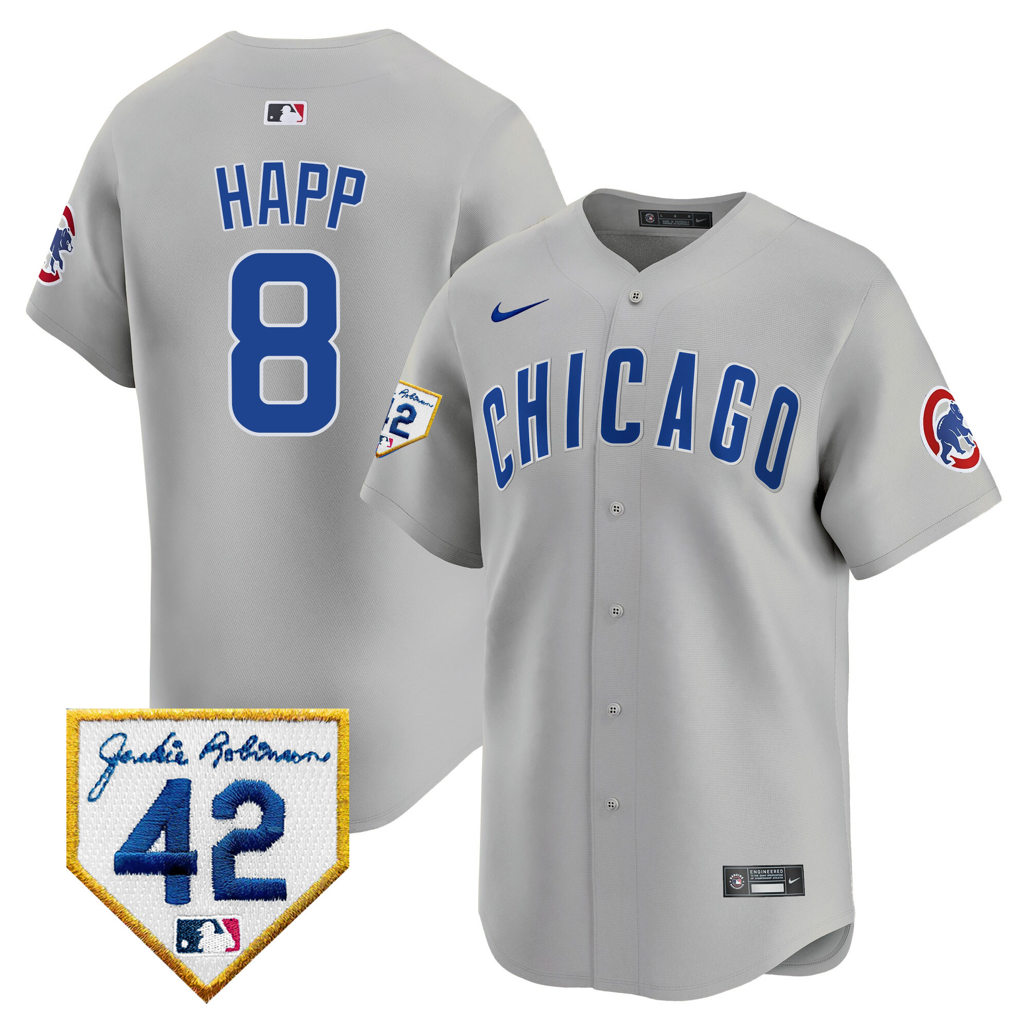 Ian Happ Men's Chicago Cubs 2024 Jackie Robinson Patch Vapor Premier Limited Gray Road Jersey - All Stitched