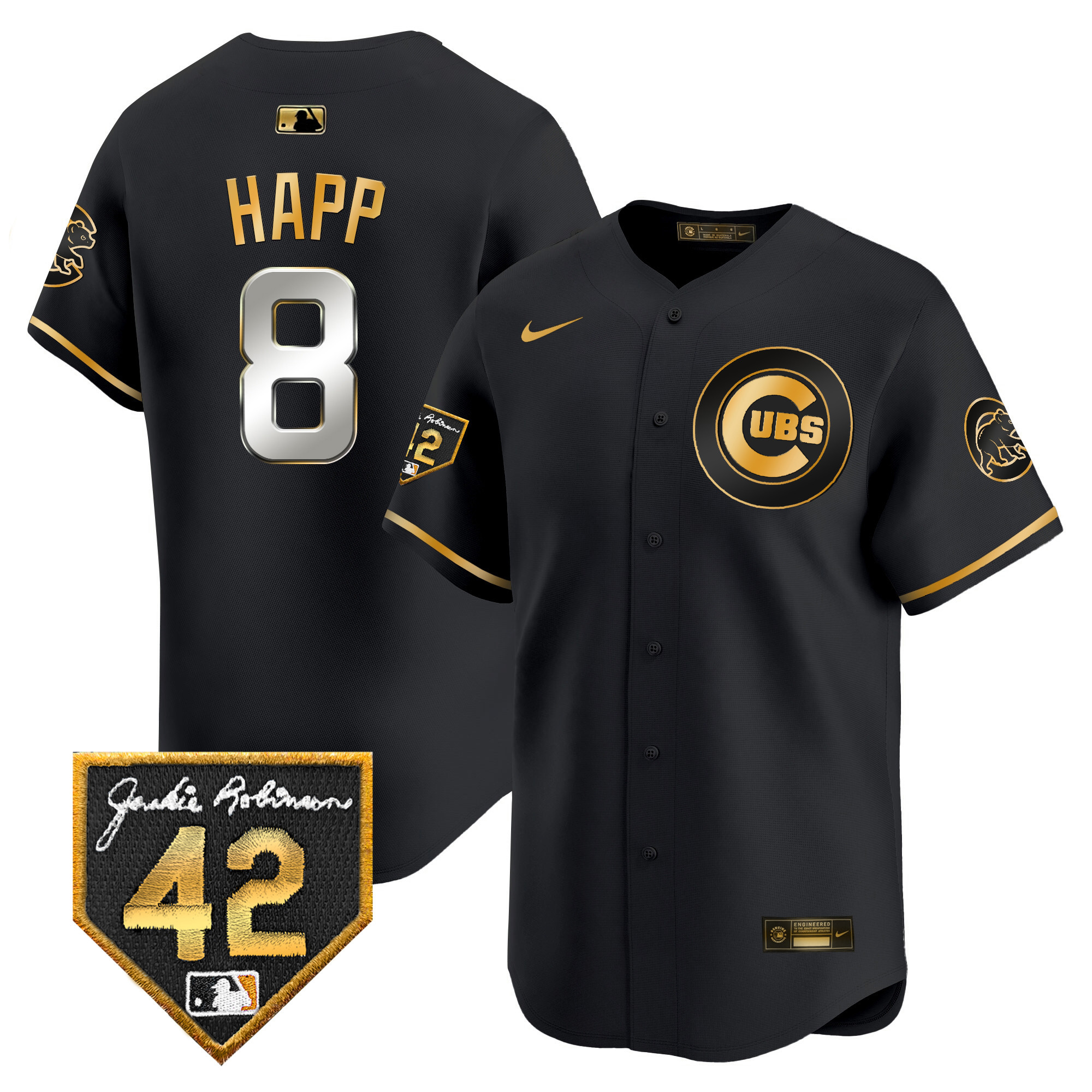 Ian Happ Men's Chicago Cubs 2024 Jackie Robinson Patch Vapor Premier Limited V2 Black Gold Jersey - All Stitched
