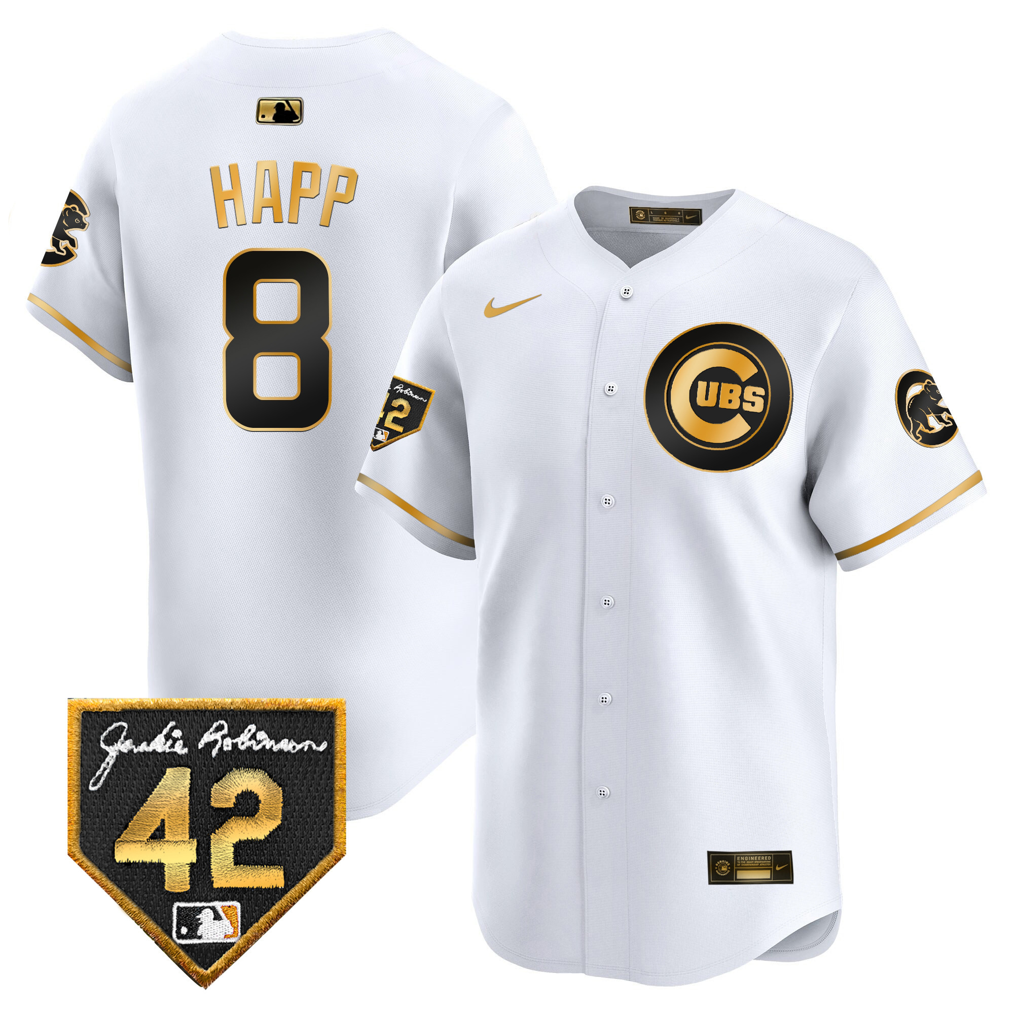 Ian Happ Men's Chicago Cubs 2024 Jackie Robinson Patch Vapor Premier Limited V2 White Gold Jersey - All Stitched