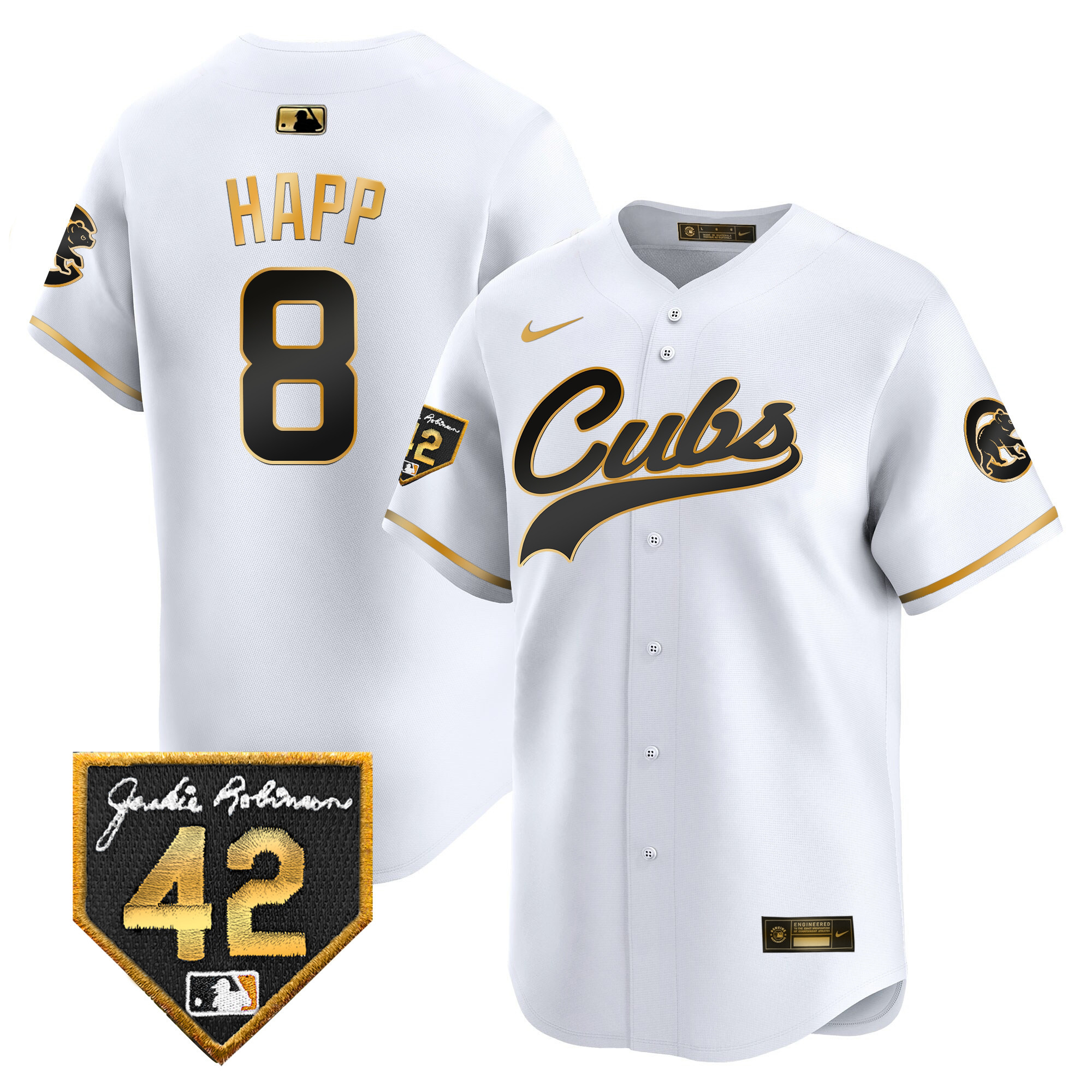 Ian Happ Men's Chicago Cubs 2024 Jackie Robinson Patch Vapor Premier Limited White Gold Jersey - All Stitched