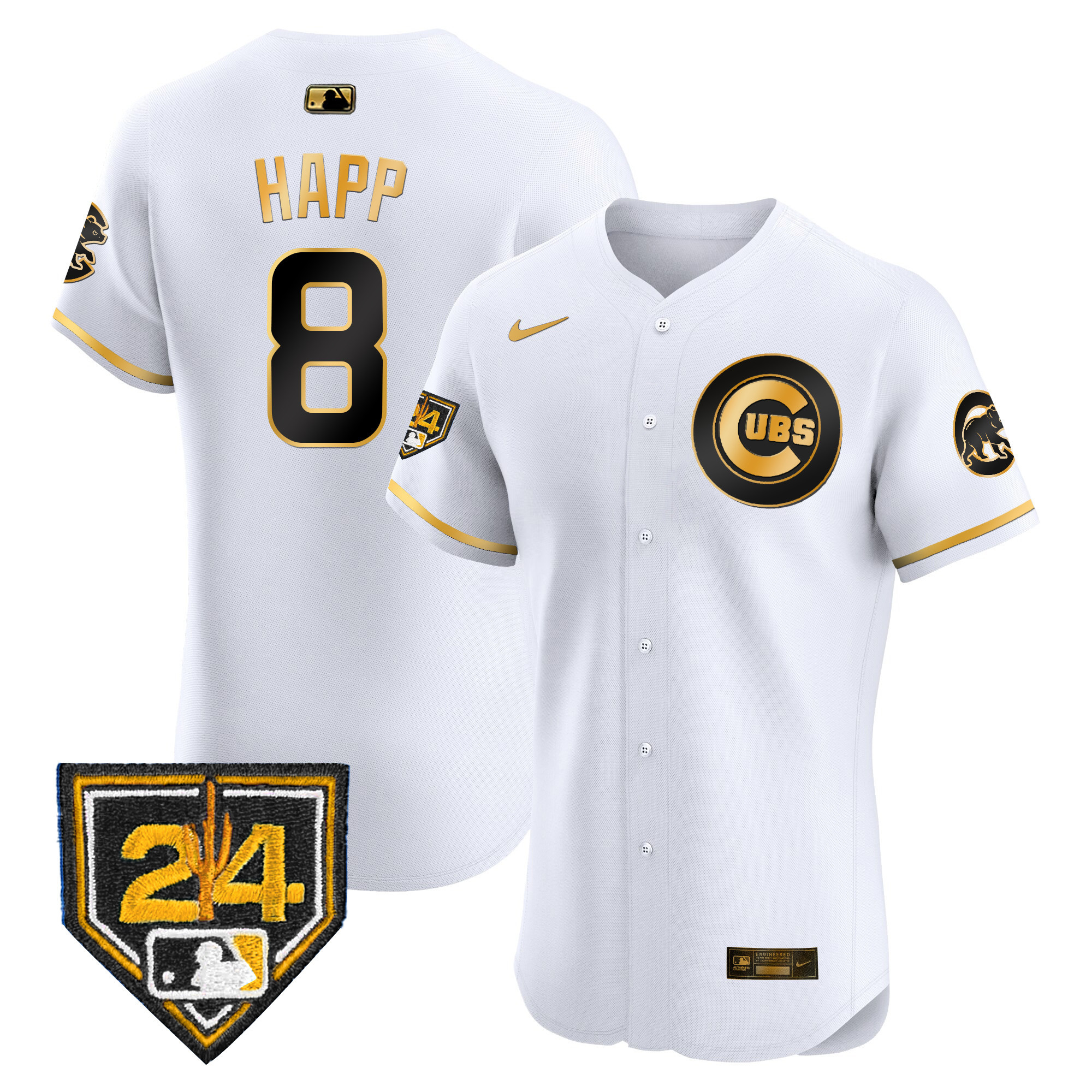 Ian Happ Men's Chicago Cubs 2024 Spring Training Patch Vapor Premier Elite V2 White Gold Jersey - All Stitched