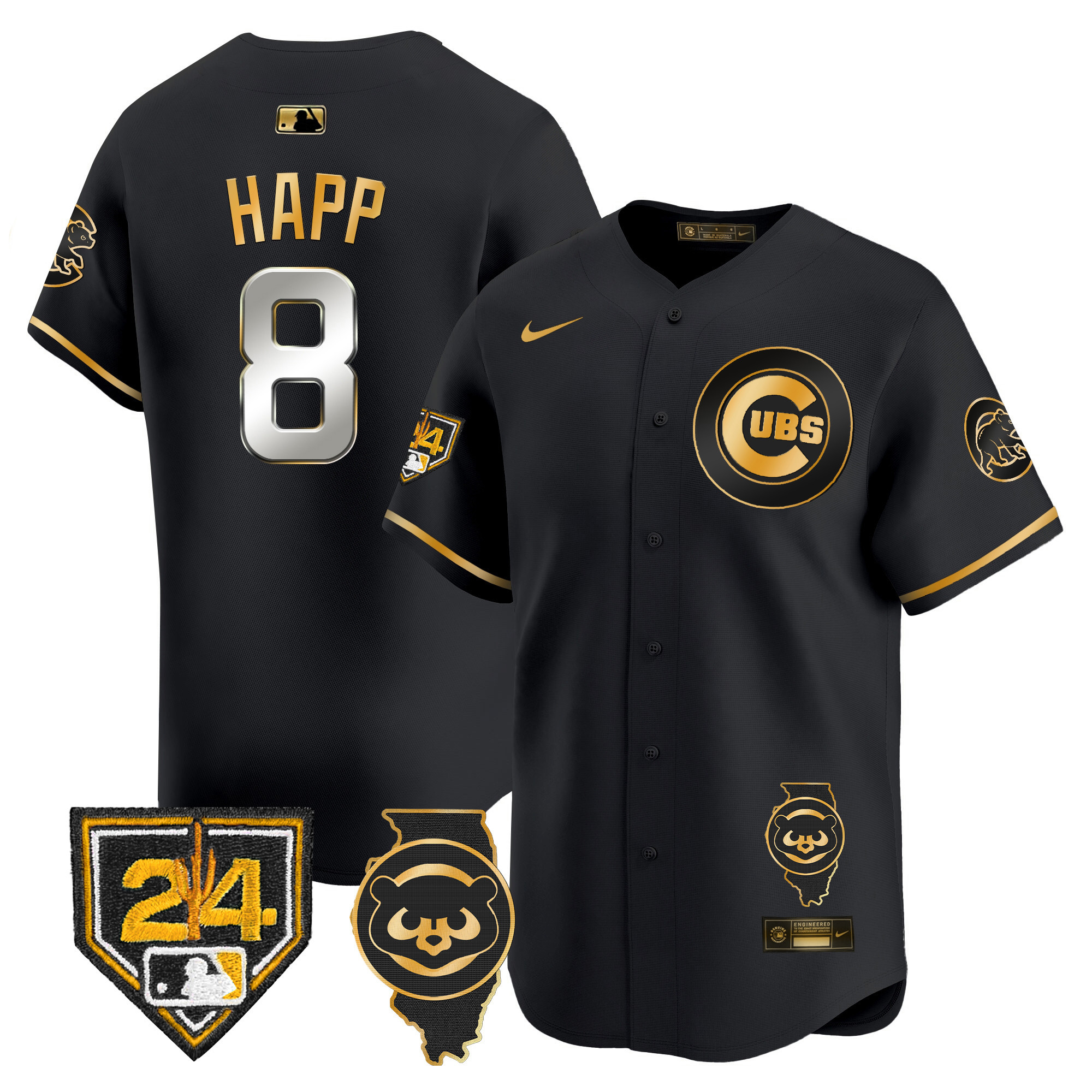 Ian Happ Men's Chicago Cubs Spring Training & Illinois Patch Vapor Premier Limited Black Gold Jersey - All Stitched