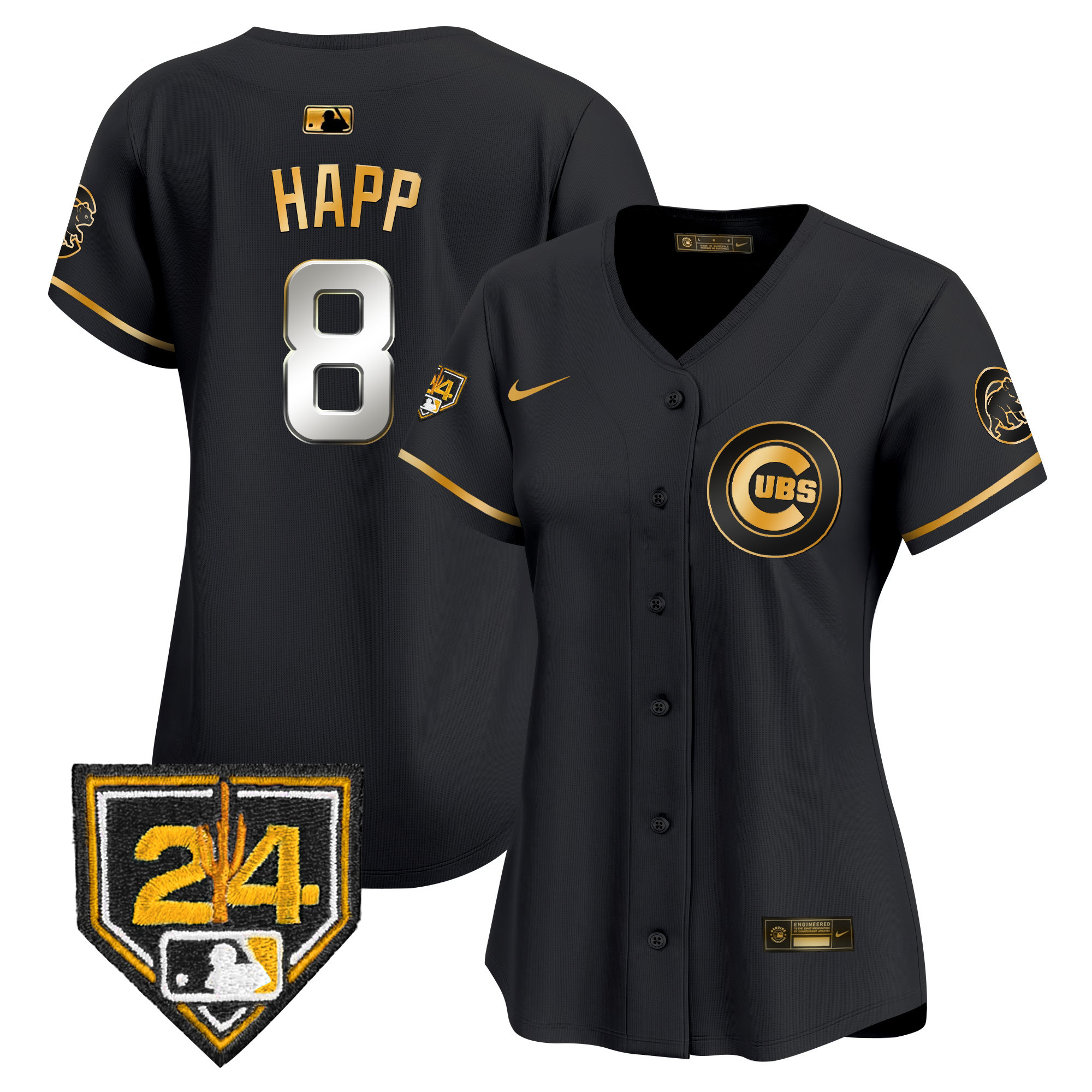 Ian Happ Women's Chicago Cubs 2024 Spring Training Patch Vapor Premier Limited V2 Black Gold Jersey - All Stitched