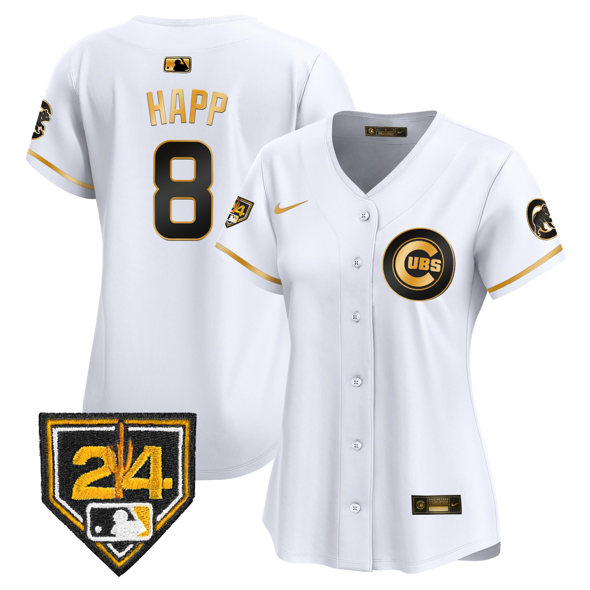 Ian Happ Women's Chicago Cubs 2024 Spring Training Patch Vapor Premier Limited V2 White Gold Jersey - All Stitched