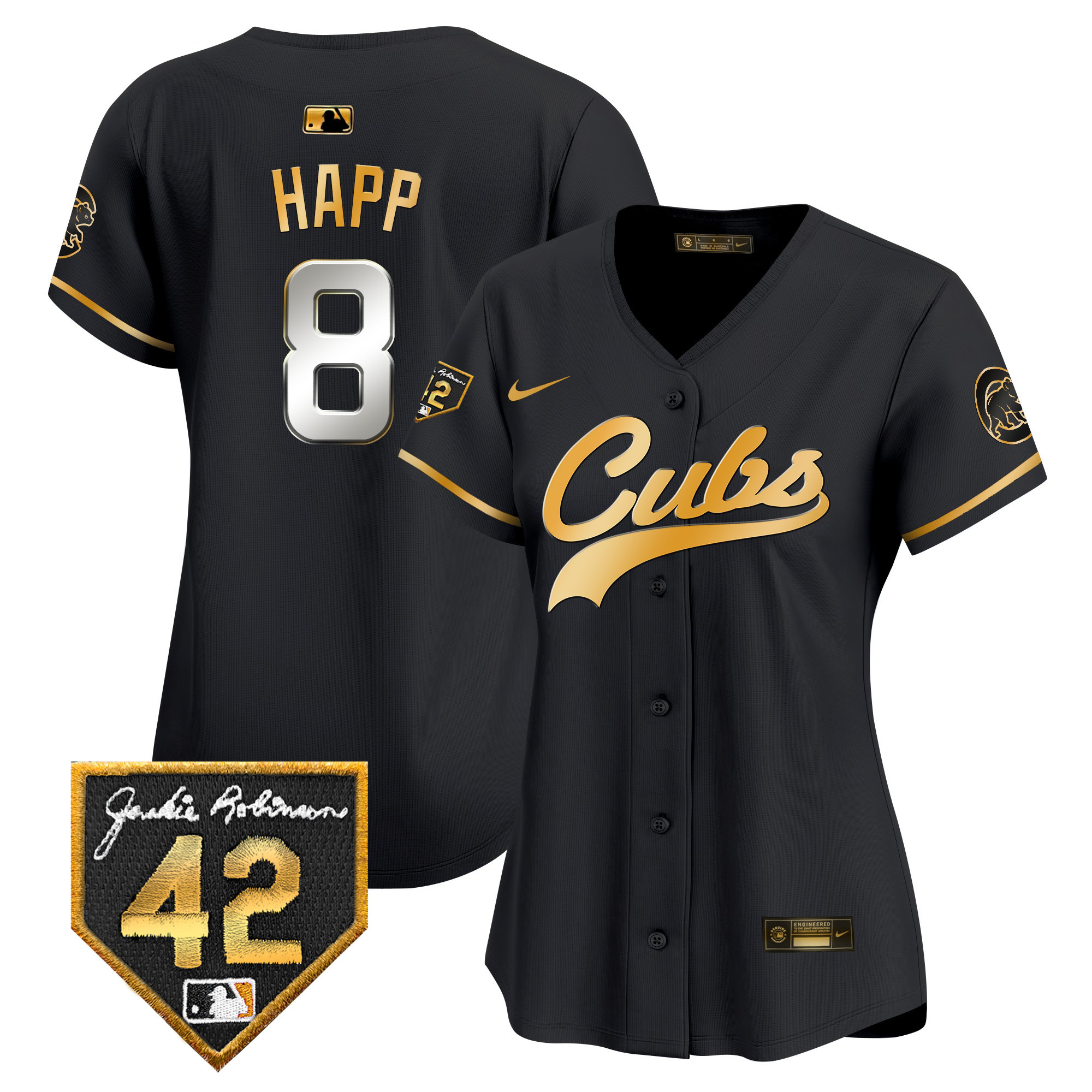 Ian Happ Women's Chicago Cubs Jackie Robinson Patch Vapor Premier Limited Black Gold Jersey - All Stitched