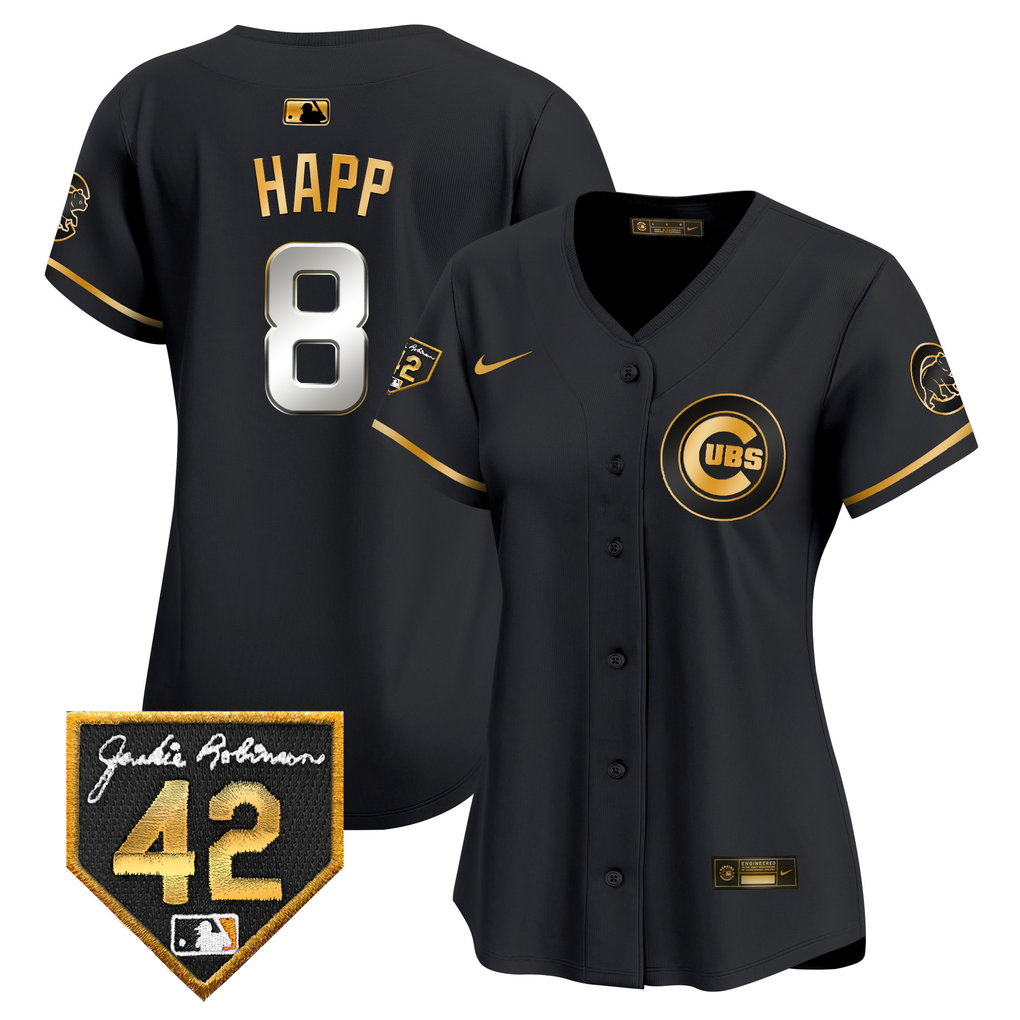 Ian Happ Women's Chicago Cubs Jackie Robinson Patch Vapor Premier Limited V2 Black Gold Jersey - All Stitched